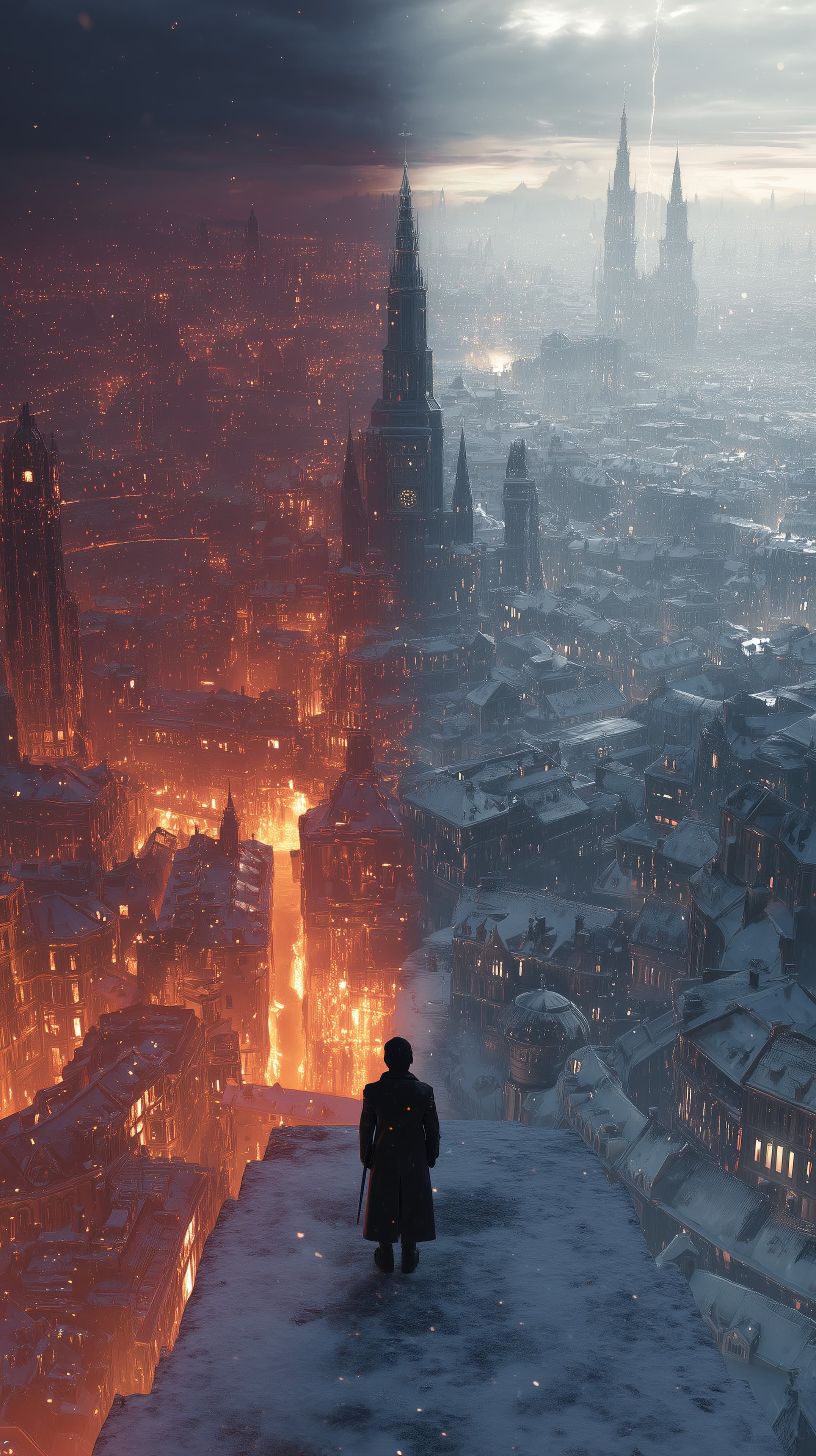 Epic Snowy City Skyline with Fiery Lava River at Dusk - High Resolution cityscape Wallpaper for Mobile and Desktop