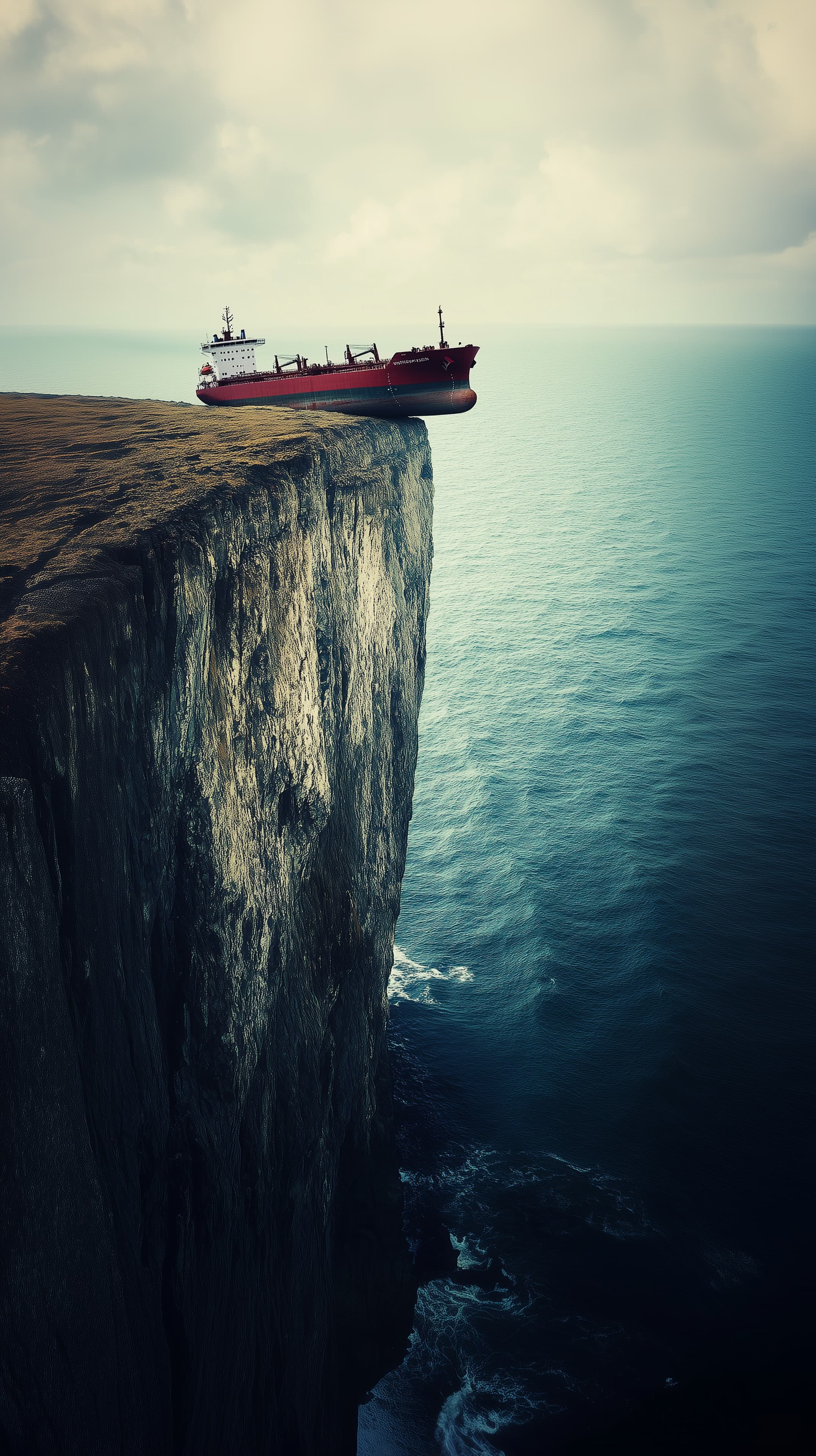 Red Cargo Ship on Cliff Edge Seascape at Dawn Over Ocean - High Resolution cliff Wallpaper for Mobile and Desktop