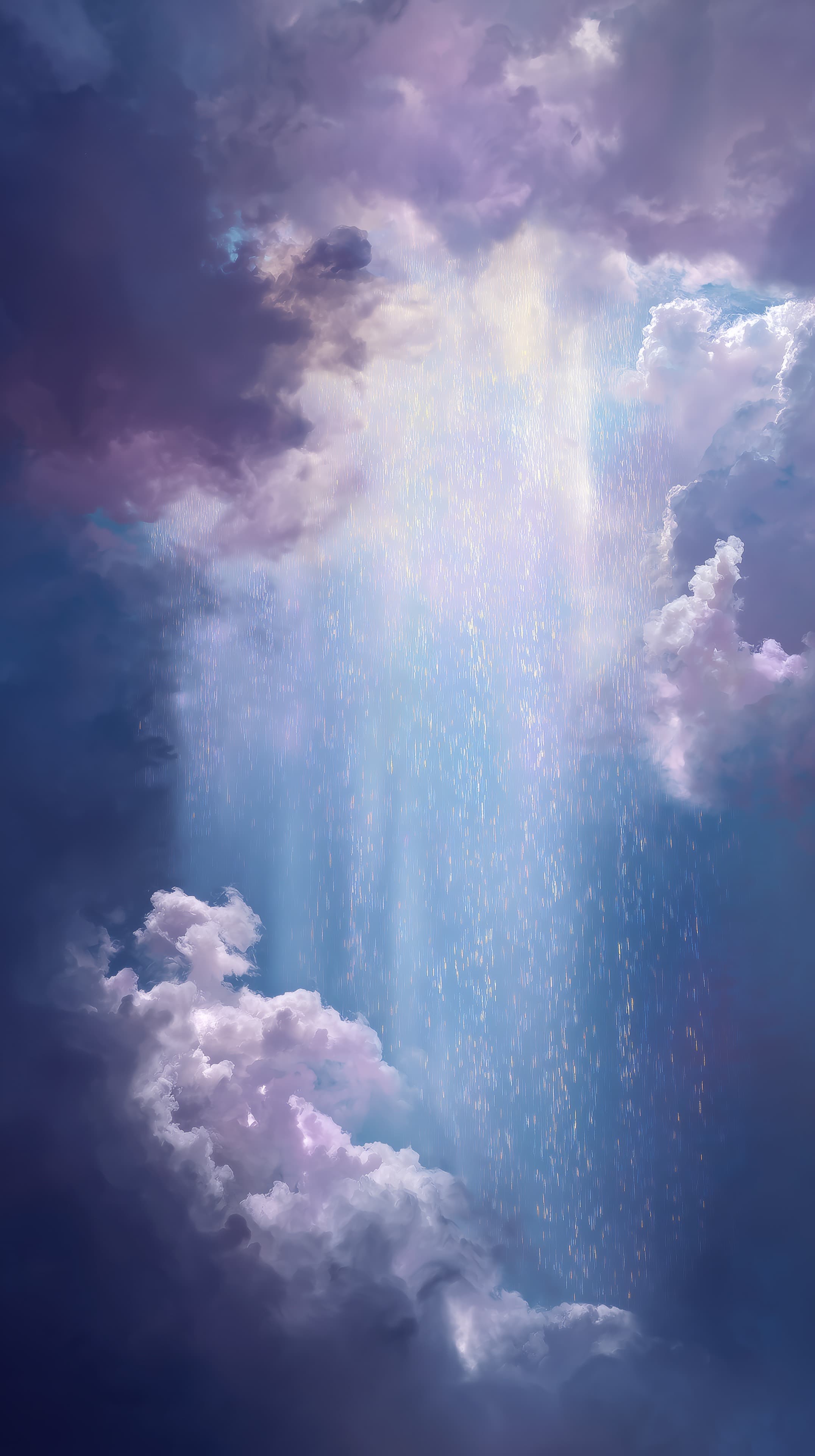 Dreamy celestial light rain cascading through purple clouds - High Resolution blue Wallpaper for Mobile and Desktop
