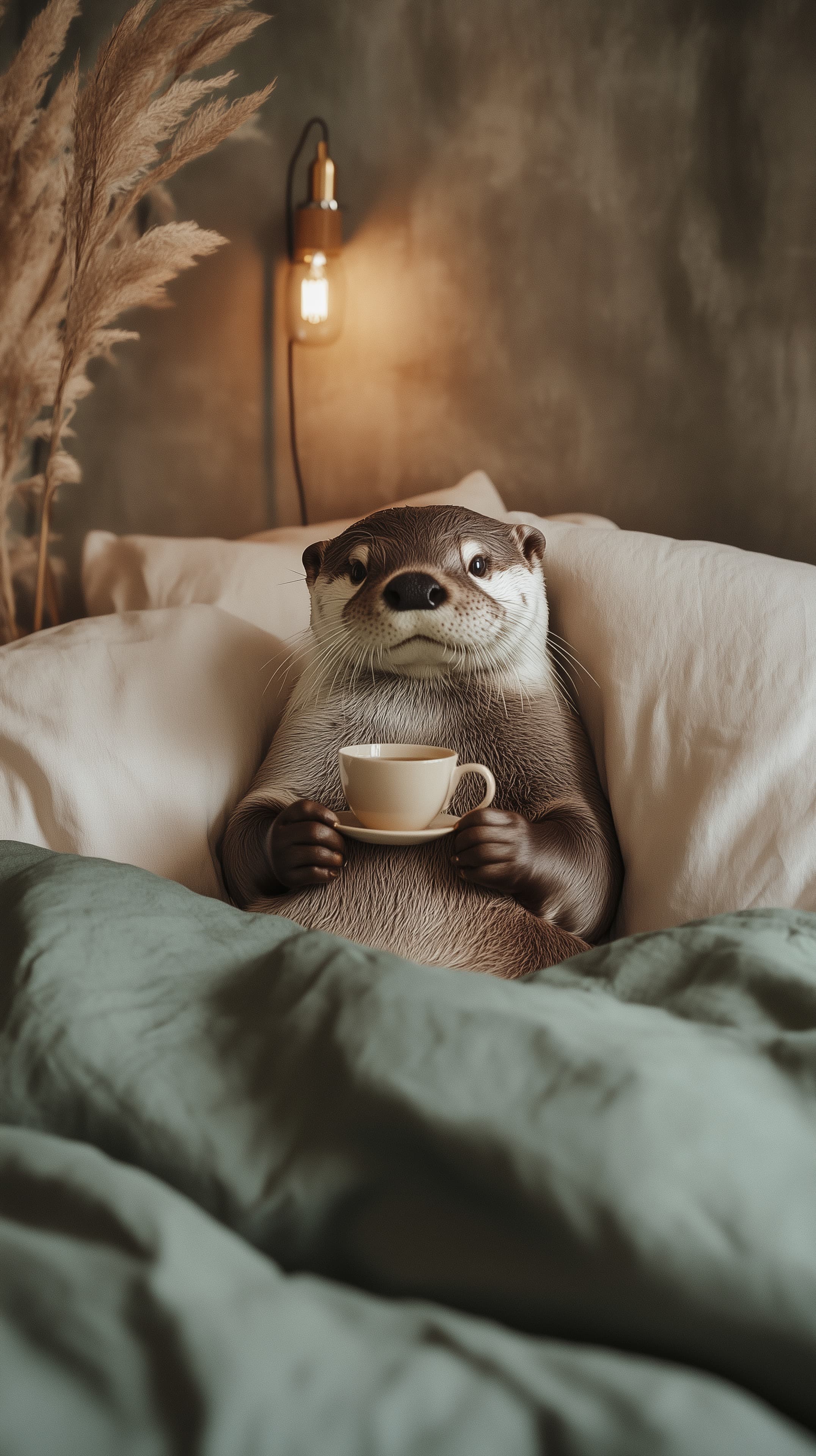 Cozy Otter in Bed with Cup: Warm Ambient Wallpaper Scene - High Resolution bedroom-decor Wallpaper for Mobile and Desktop
