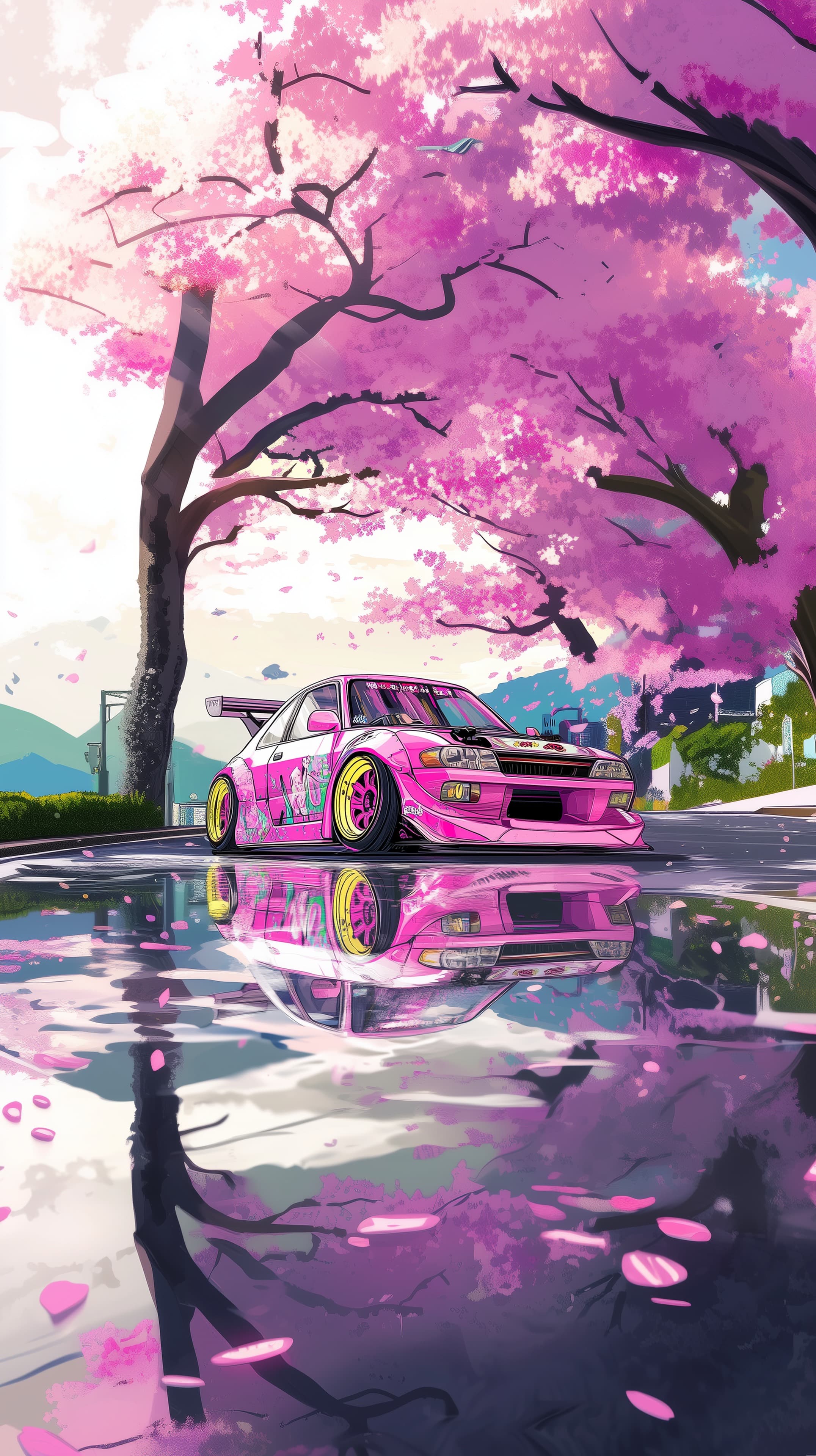 Pink Sakura Blossom Car Wallpaper in Dreamy Pastel Neon - High Resolution anime-style Wallpaper for Mobile and Desktop