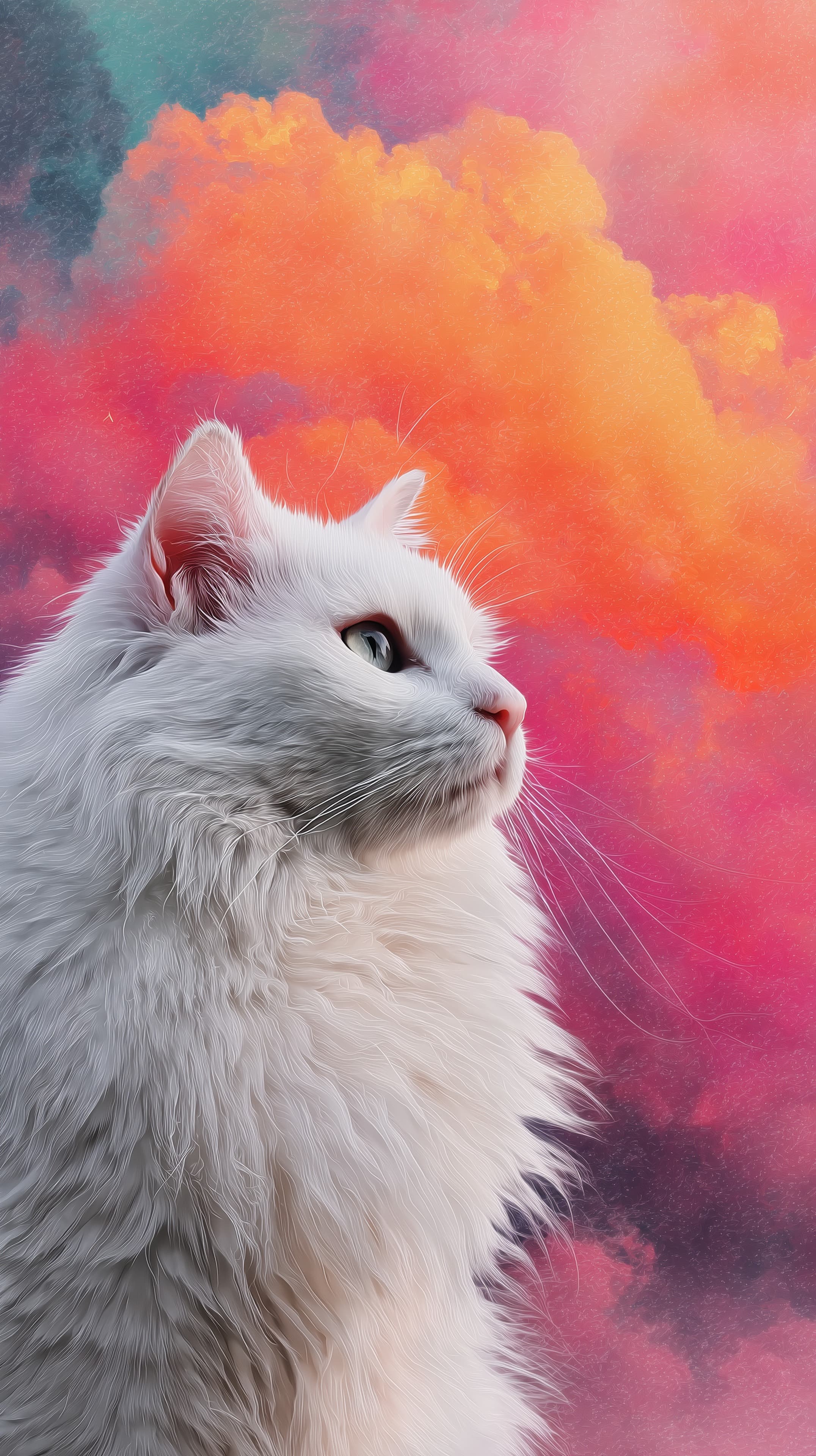 Whimsical White Cat Portrait Amid Colorful Sunset Clouds - High Resolution animal-portrait Wallpaper for Mobile and Desktop