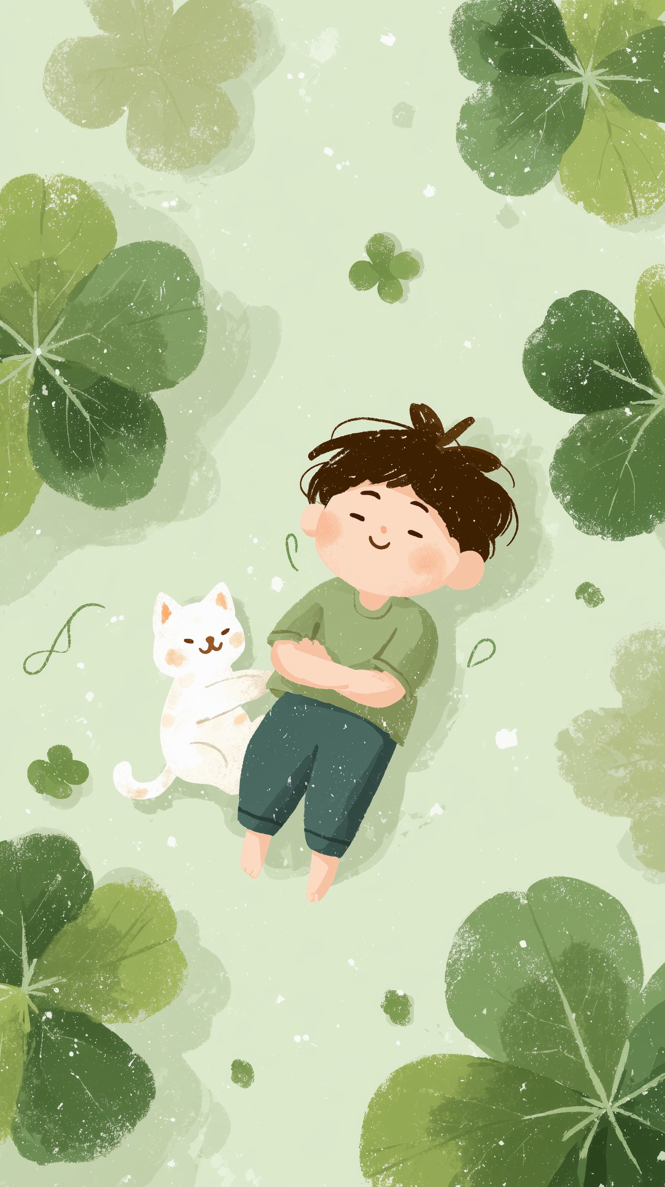 Whimsical Boy and Cat Resting Among Clover Leaves - Soft Daylight - High Resolution cat Wallpaper for Mobile and Desktop