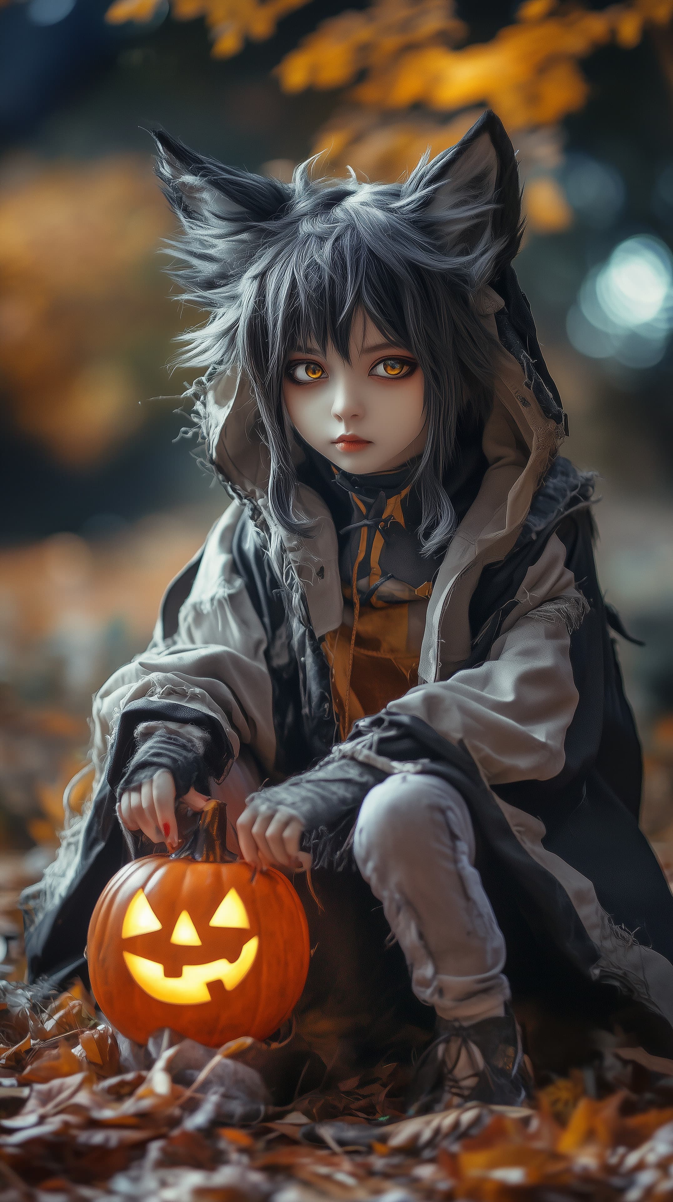 Autumn Wolf-Eared Fantasy Cosplay with Glowing Jack-o'-Lantern - High Resolution anime-inspired Wallpaper for Mobile and Desktop