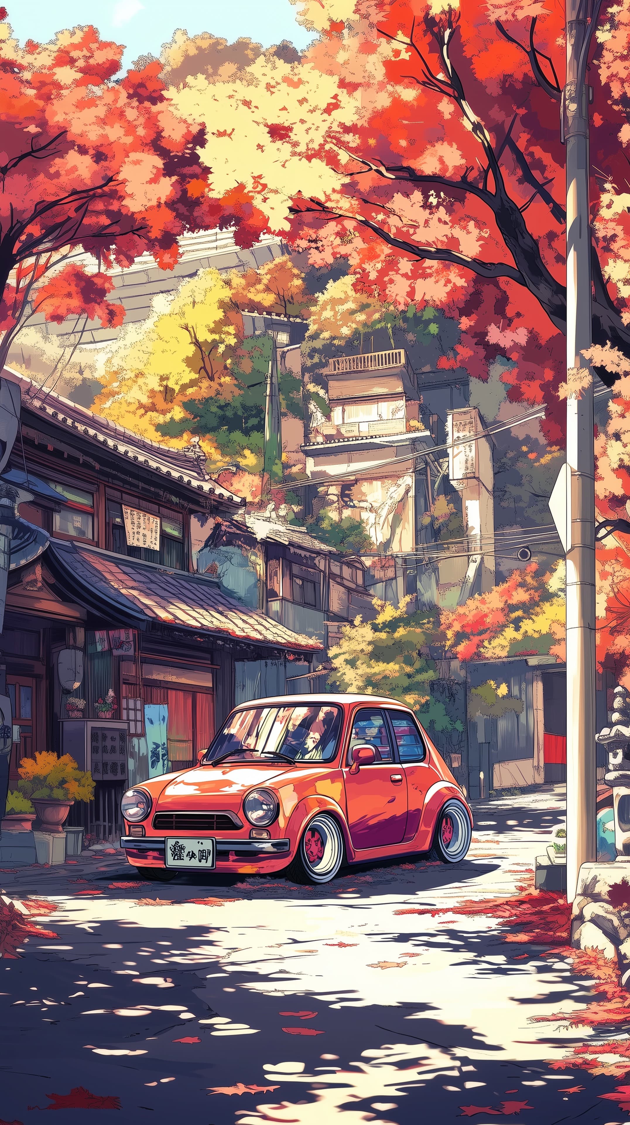 Autumn Street Scene: Cozy Townhouses & Retro Car Wallpaper - High Resolution anime-art Wallpaper for Mobile and Desktop