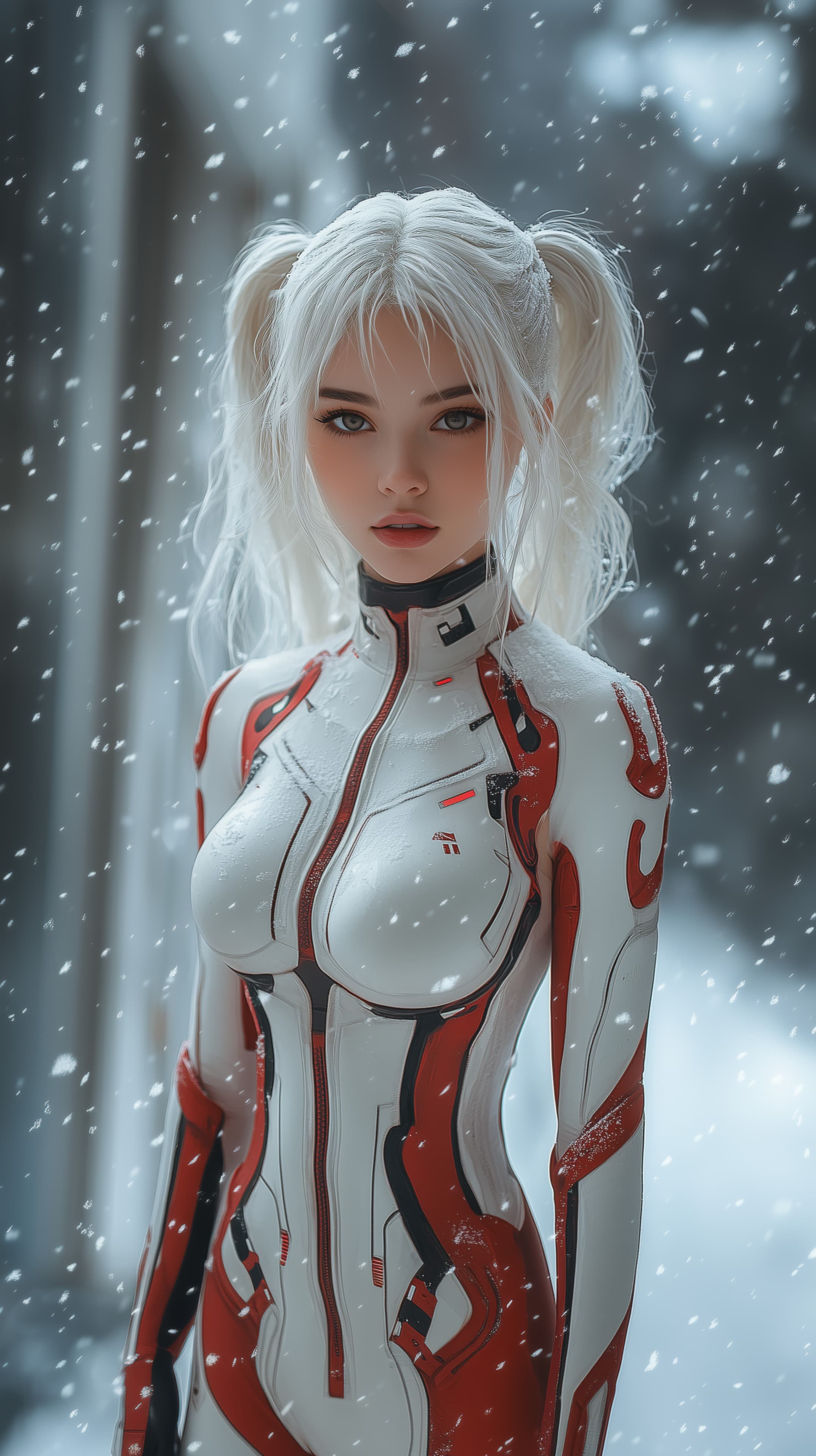 Futuristic Female in White-Red Exosuit in Snowfall - High Resolution cyberpunk-style Wallpaper for Mobile and Desktop