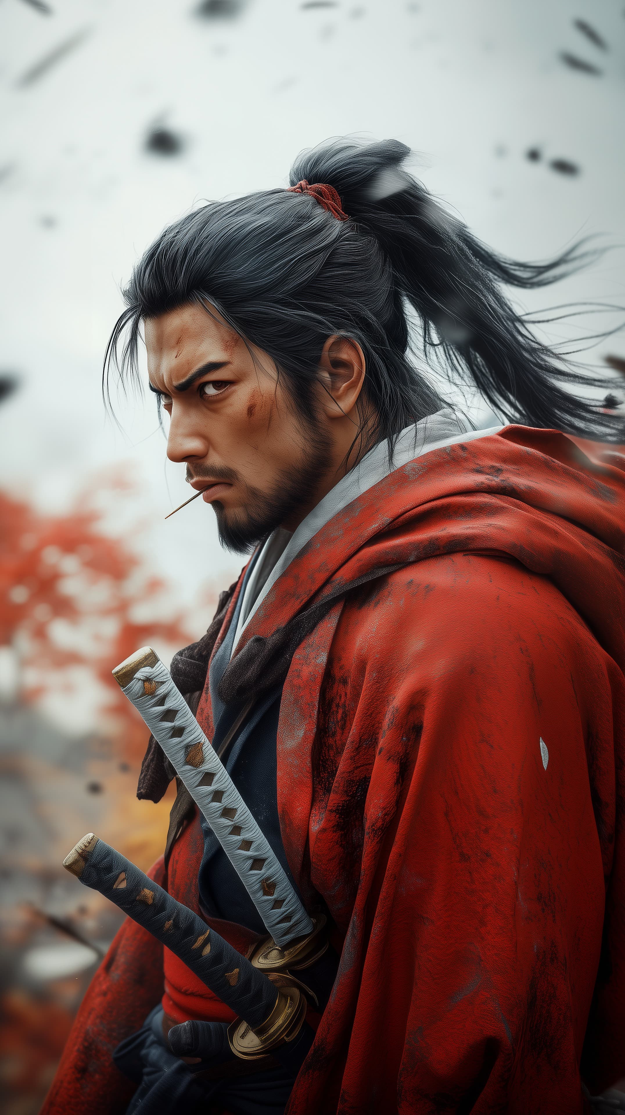 Intense Samurai Warrior in a Red Cloak with Dual Swords - High Resolution battle-worn Wallpaper for Mobile and Desktop