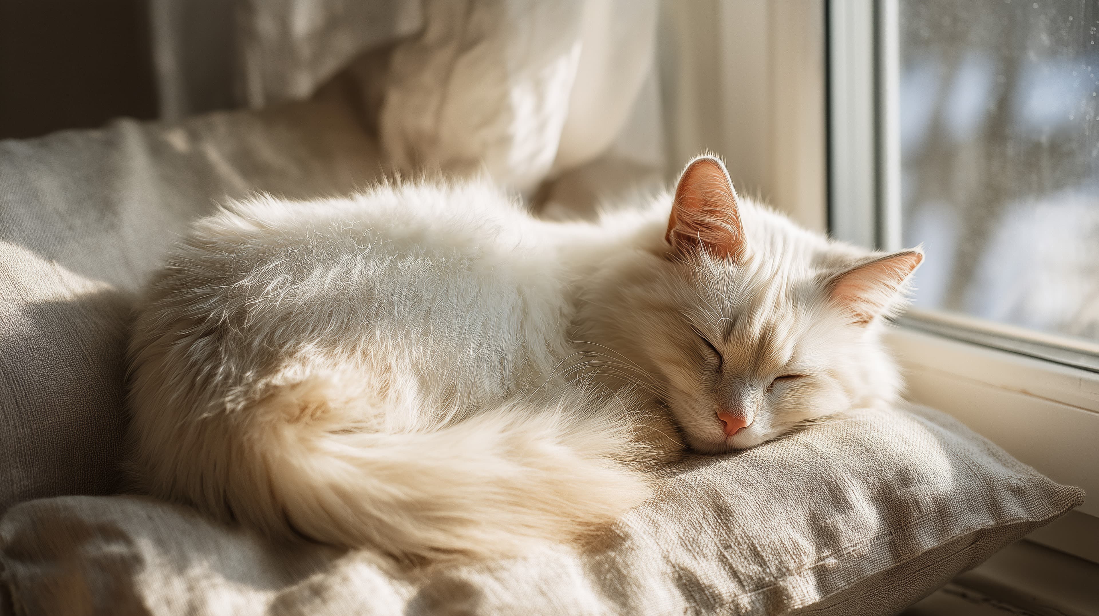 Soft White Cat Sleeping on a Sunlit Windowsill — Cozy Nap - High Resolution cat Wallpaper for Mobile and Desktop
