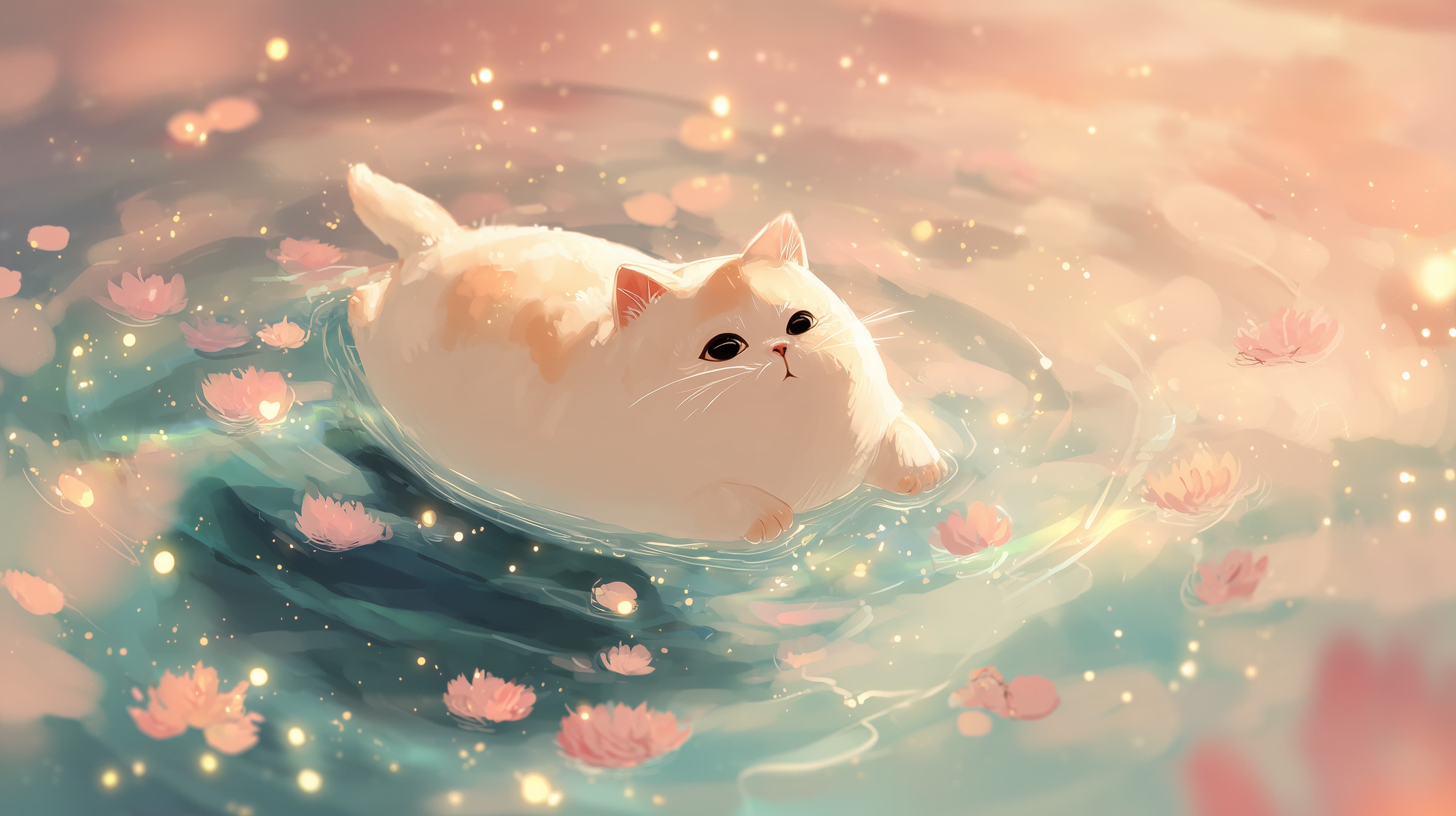 Dreamy pastel cat drifting on calm water with petals - High Resolution calm-aquatic-scene Wallpaper for Mobile and Desktop