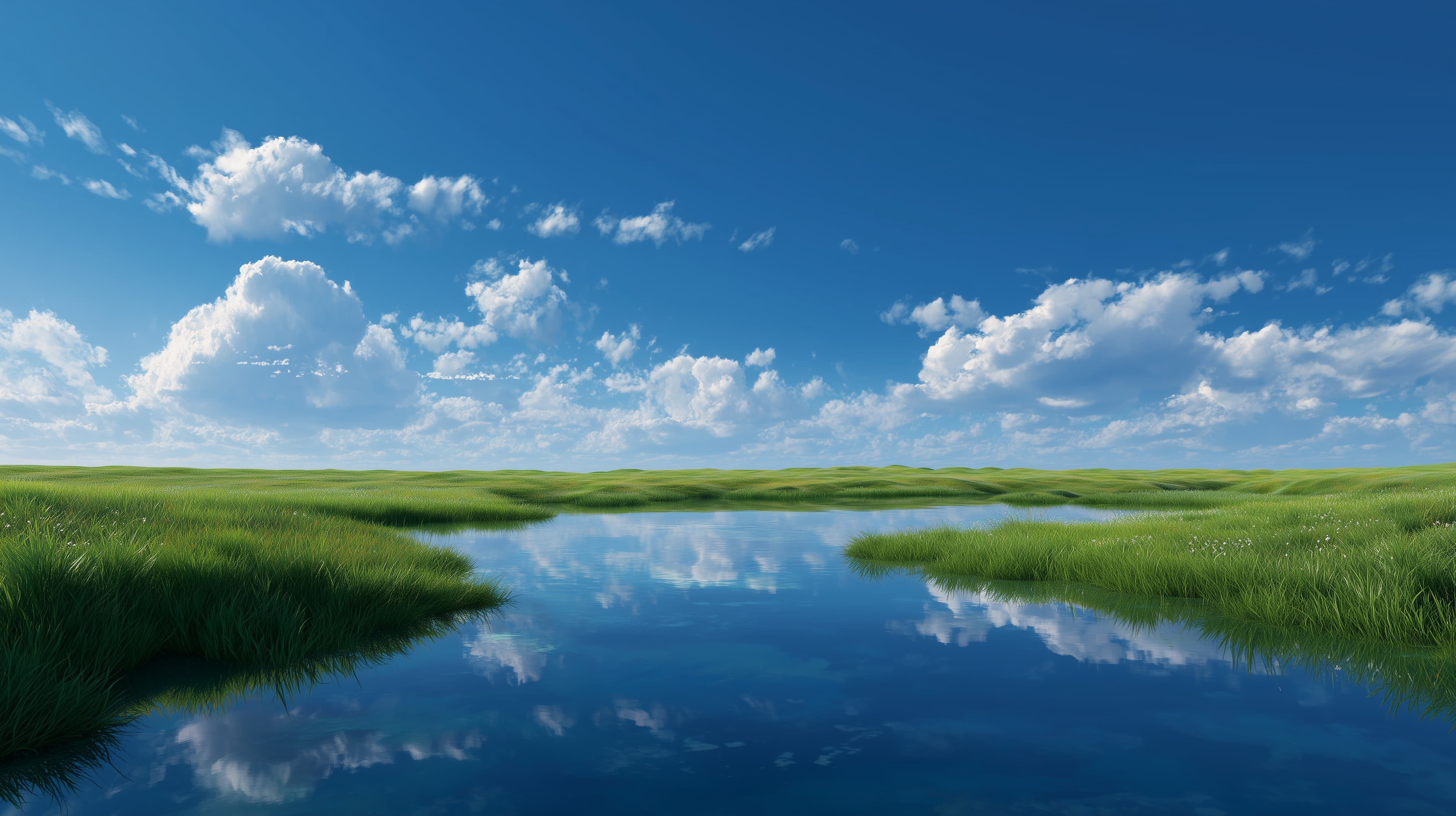Calm Grassland River Landscape with Cloudy Sky Reflection - High Resolution blue-sky Wallpaper for Mobile and Desktop
