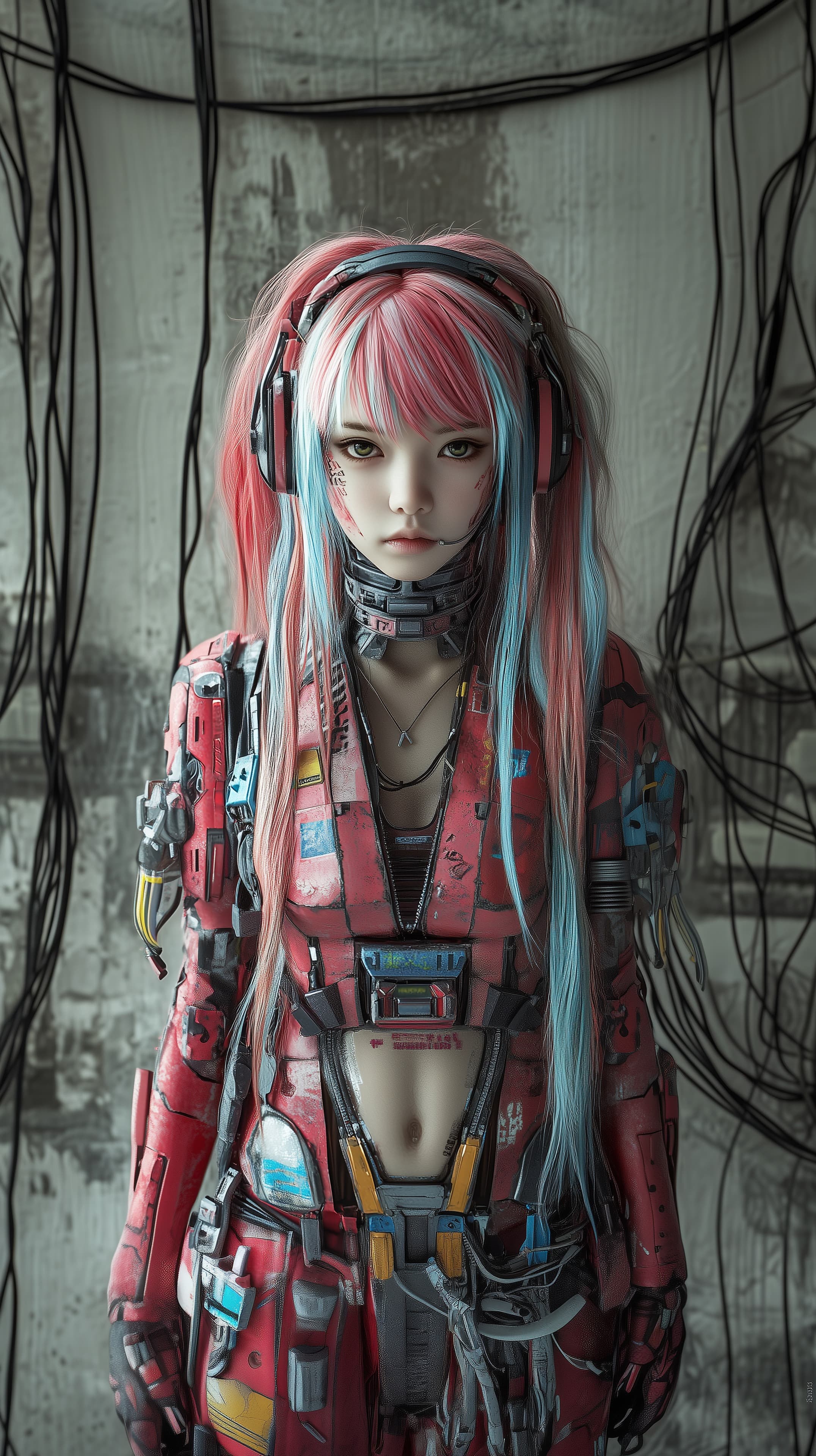 Cyberpunk Neon-Hair Cyborg in Red Exosuit Wallpaper - High Resolution cyberpunk Wallpaper for Mobile and Desktop