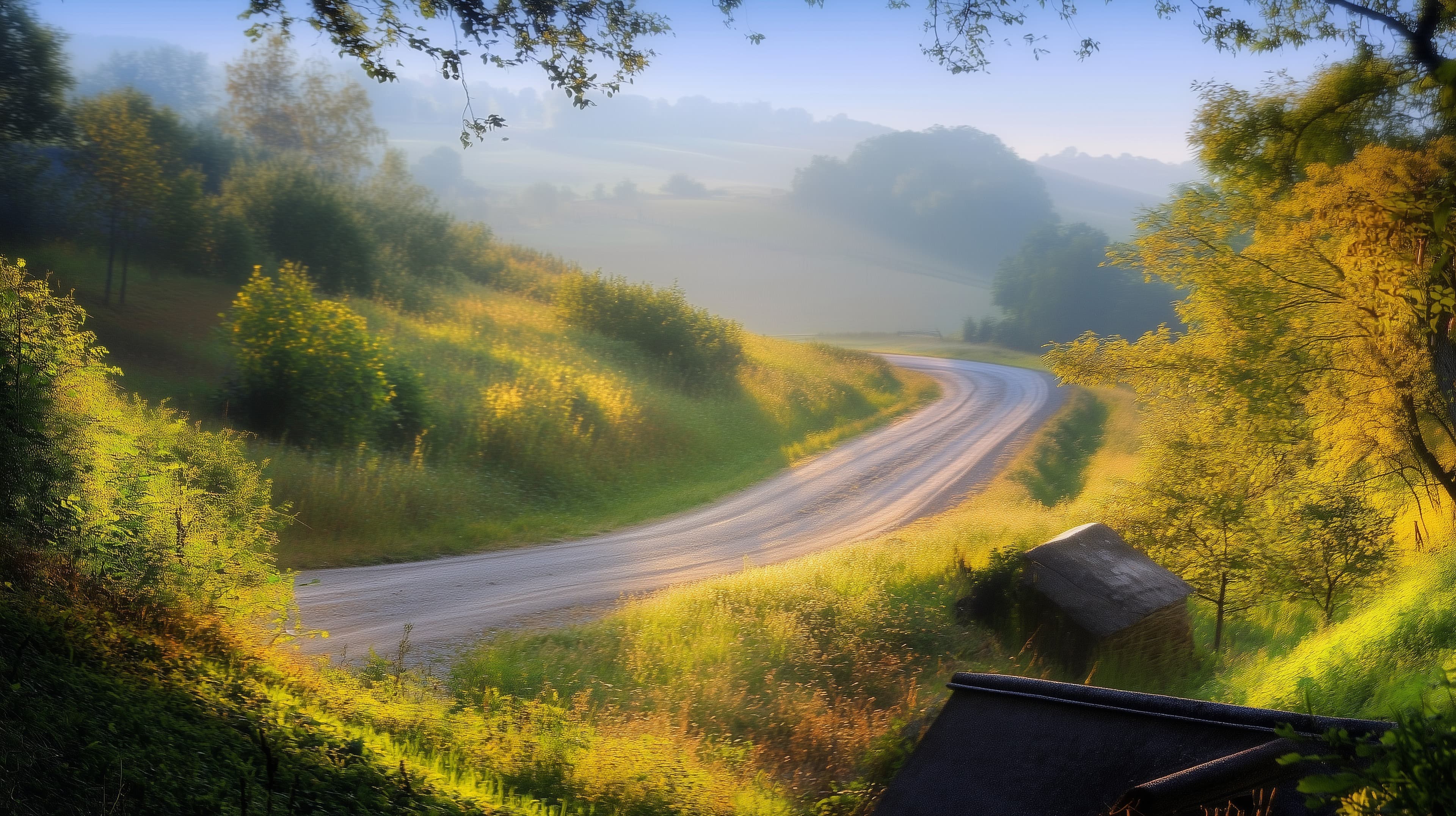 Sunlit Curving Country Road in Autumn Landscape at Dawn - High Resolution autumn-landscape Wallpaper for Mobile and Desktop