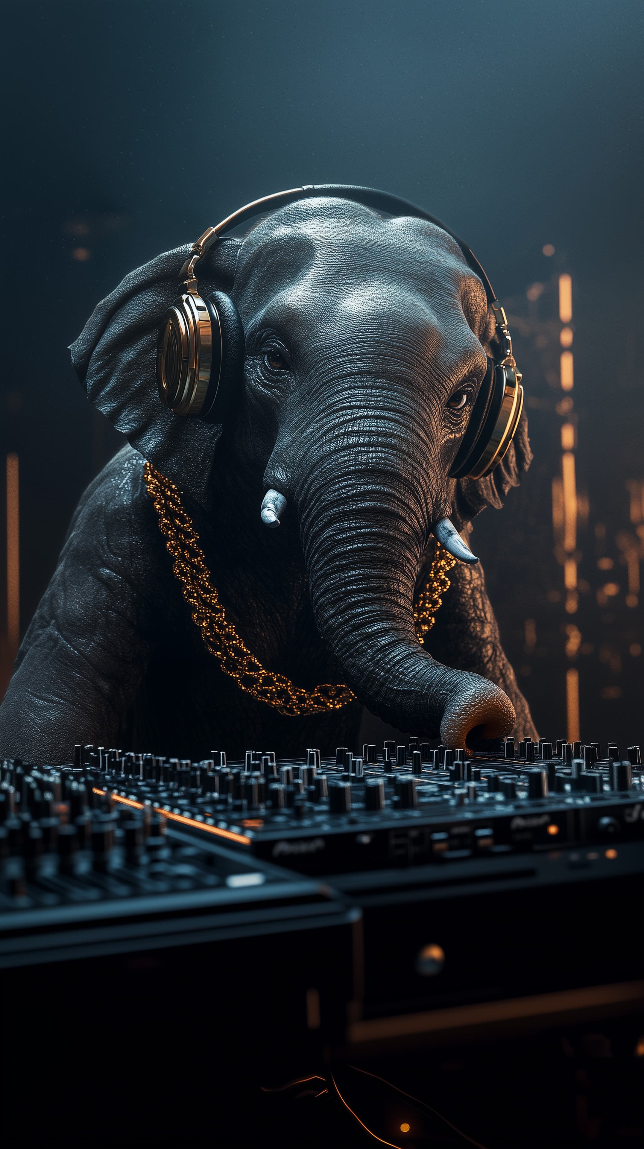 Elephant DJ in Neon Nightclub Scene with Headphones - High Resolution artwork Wallpaper for Mobile and Desktop