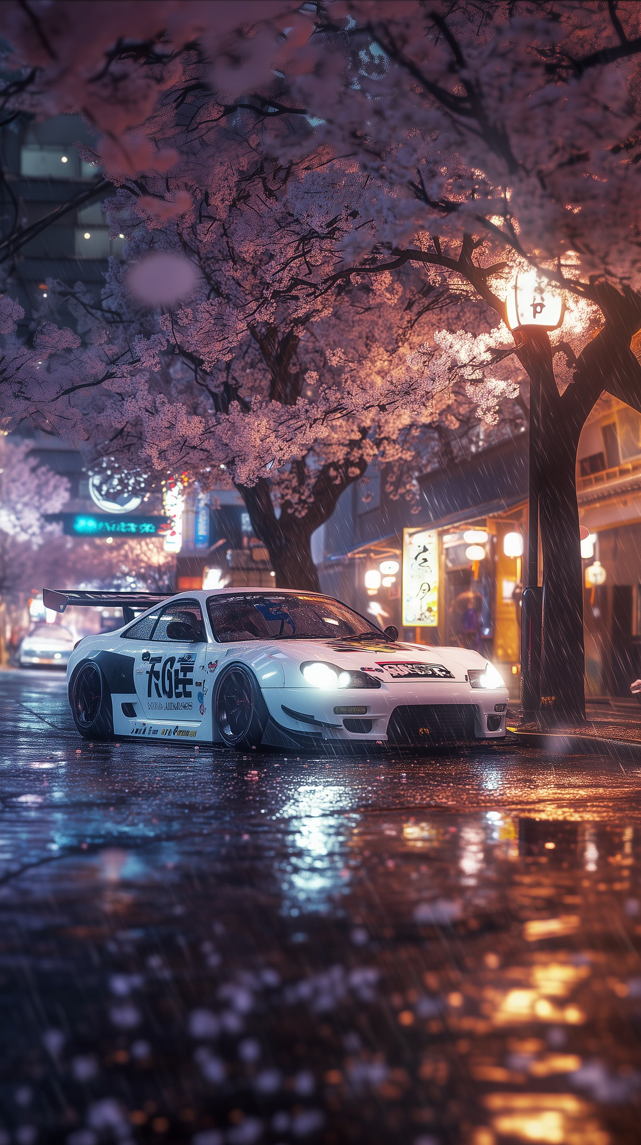 Night Rain Street Racer Under Cherry Blossom Lights - High Resolution blossoms Wallpaper for Mobile and Desktop