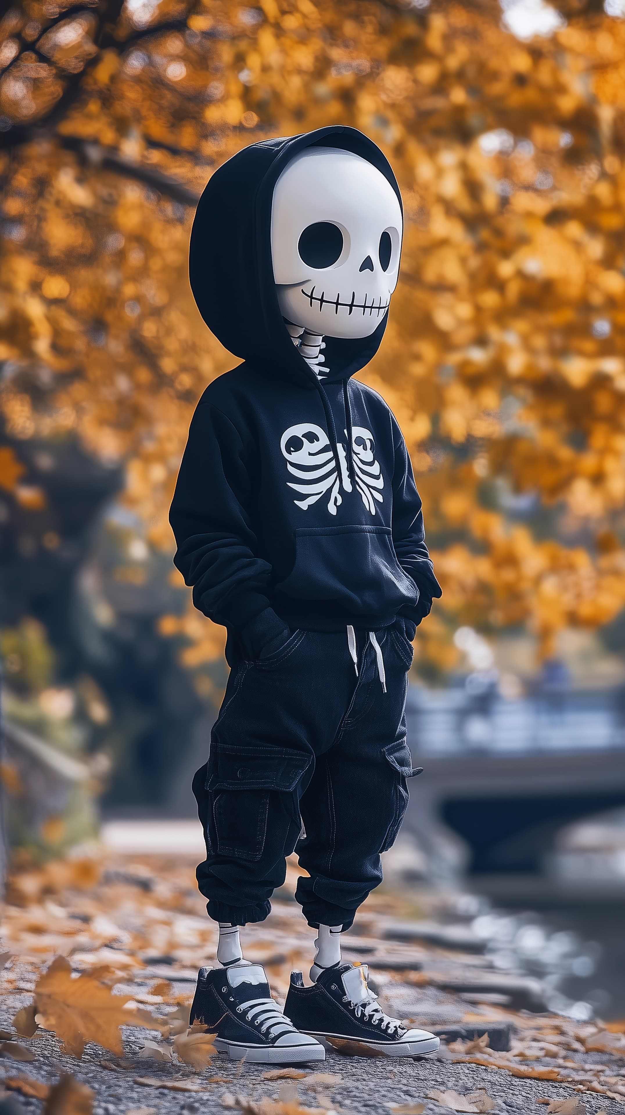 Urban Skeleton Cosplay in Autumn Hoodie Amid Golden Leaves - High Resolution autumn Wallpaper for Mobile and Desktop