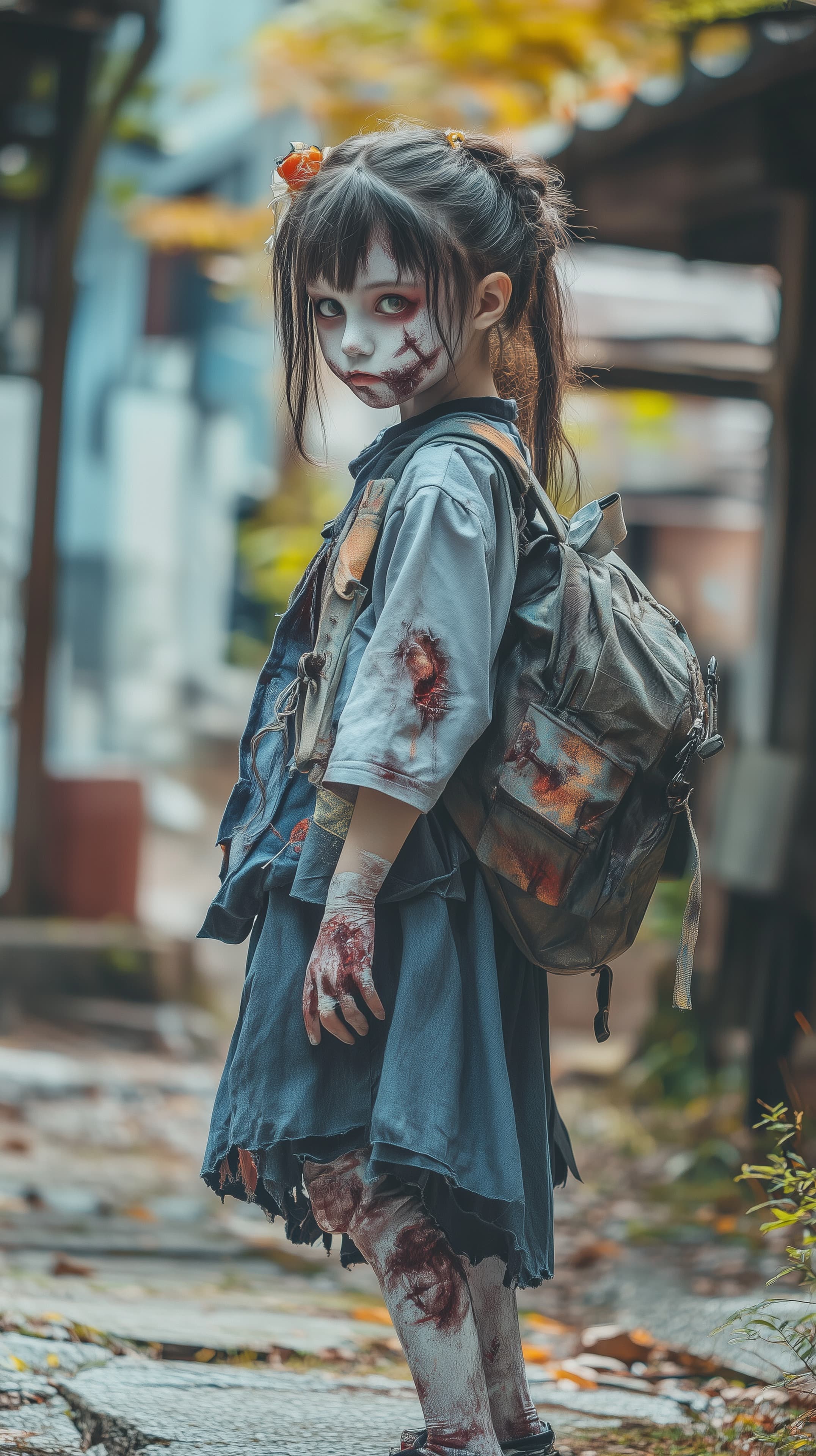 Haunting zombie girl in school uniform with backpack on moody street - High Resolution autumn-mood Wallpaper for Mobile and Desktop