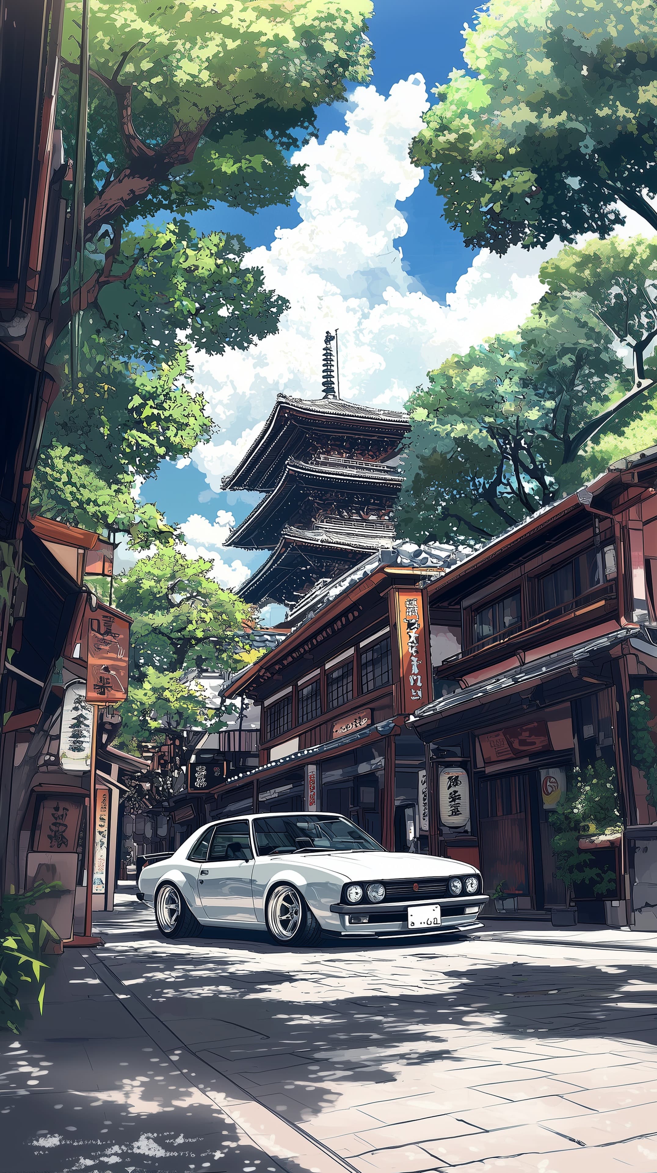 Anime-Style Street Scene with Pagoda in Lush Cityscape - High Resolution anime-inspired Wallpaper for Mobile and Desktop