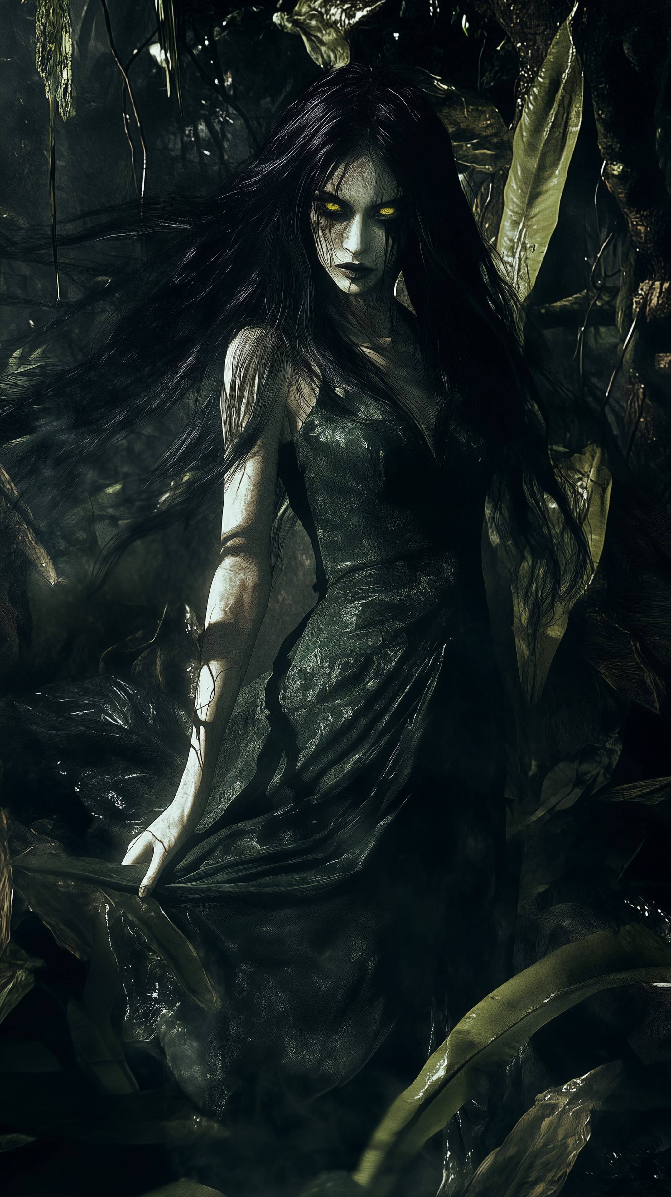 Dark Forest Spirit Wallpaper: Eerie Female Figure in Green Mist - High Resolution dark-fantasy-wallpaper Wallpaper for Mobile and Desktop