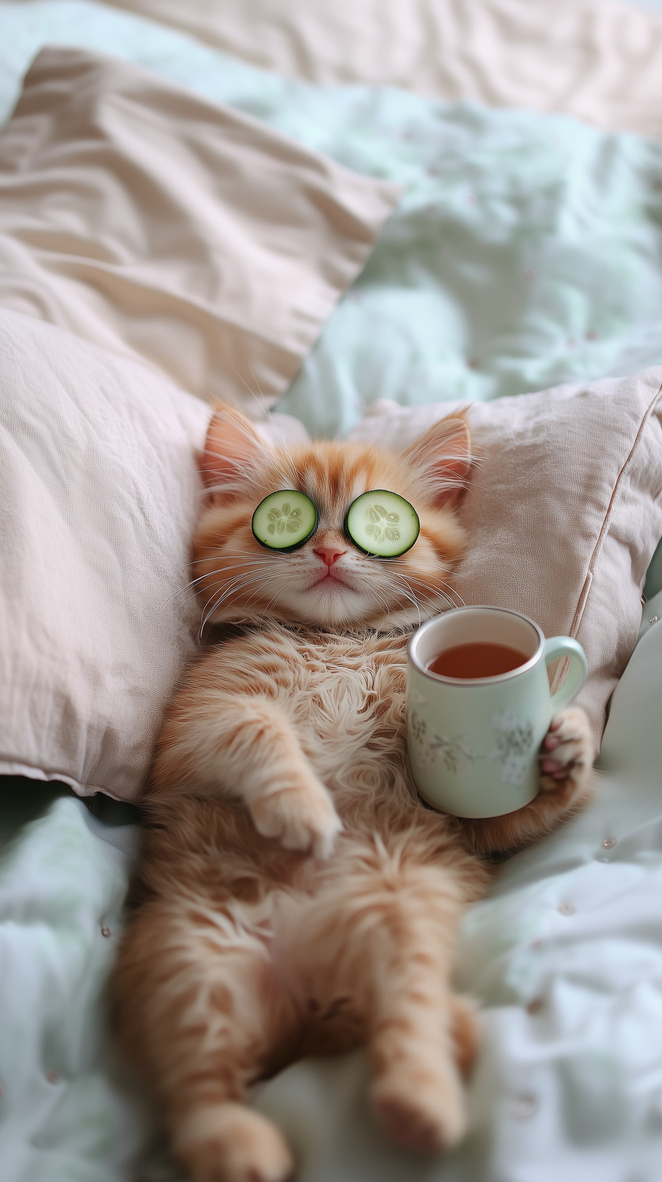Soft Ginger Kitten Relaxing with Cucumber Slices and Tea - High Resolution bedroom-decor Wallpaper for Mobile and Desktop