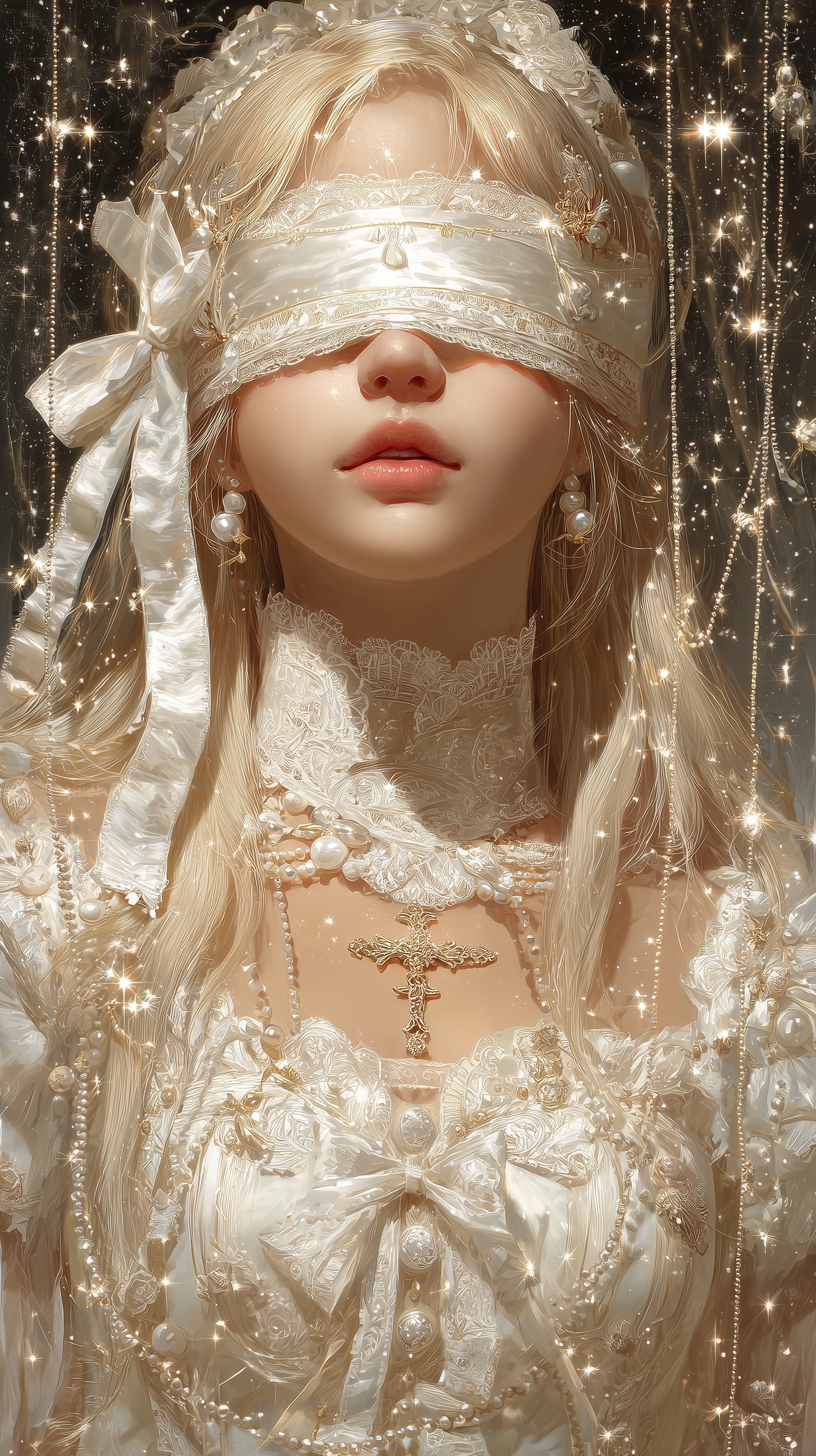 Glamorous Bridal Fantasy Portrait with Lace Veil and Pearls - High Resolution bridal Wallpaper for Mobile and Desktop