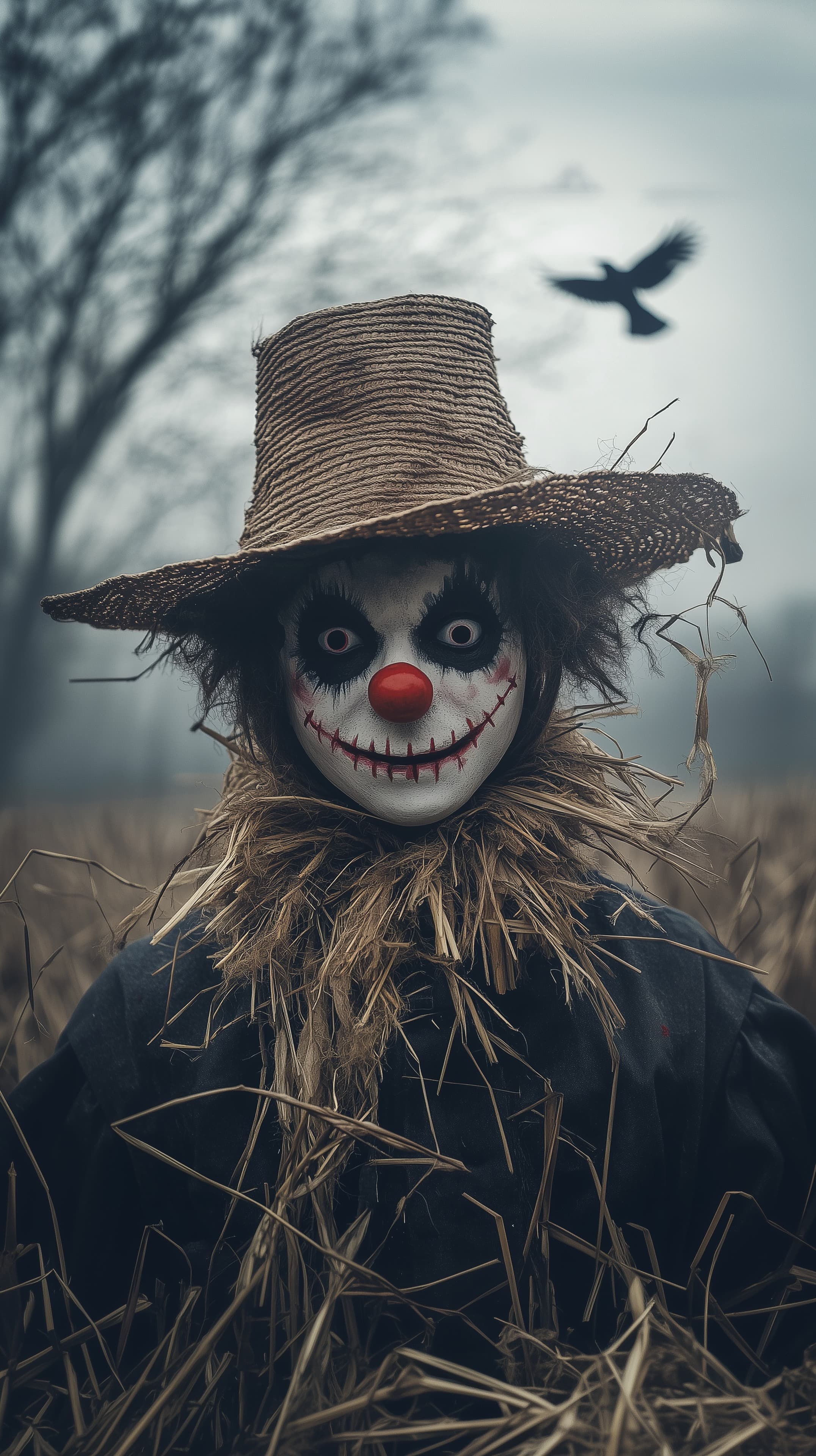 Eerie Clown Scarecrow in Foggy Field - Dark Halloween Wallpaper - High Resolution cinematic Wallpaper for Mobile and Desktop