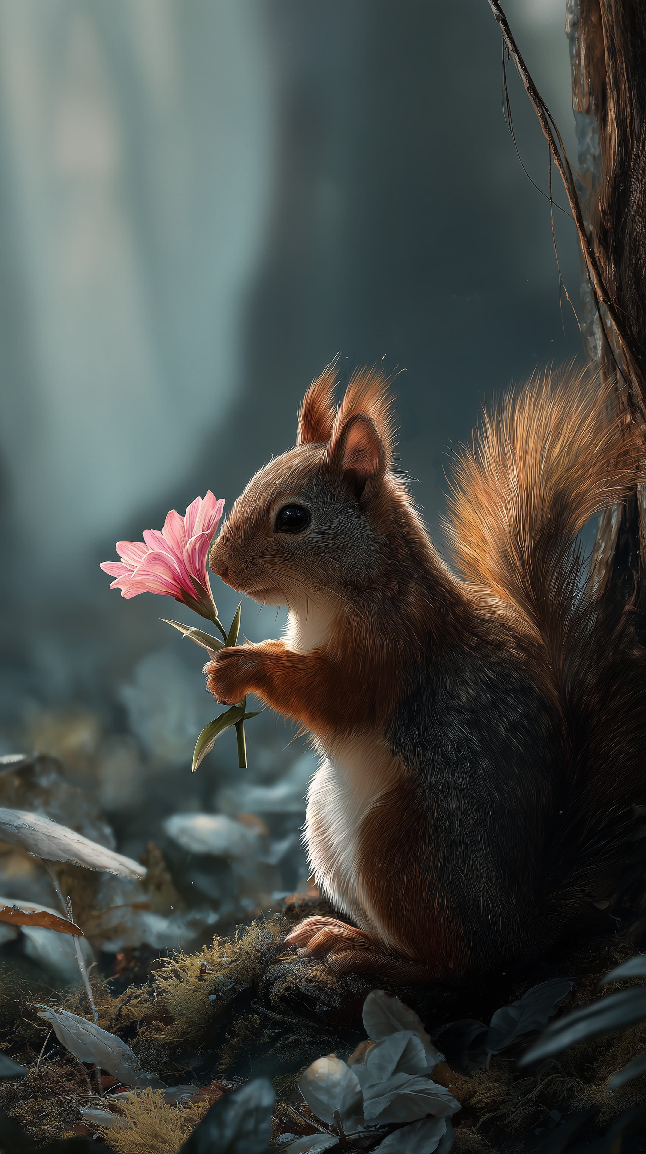 Whimsical Squirrel with Pink Flower in Dreamy Forest - High Resolution digital-art Wallpaper for Mobile and Desktop