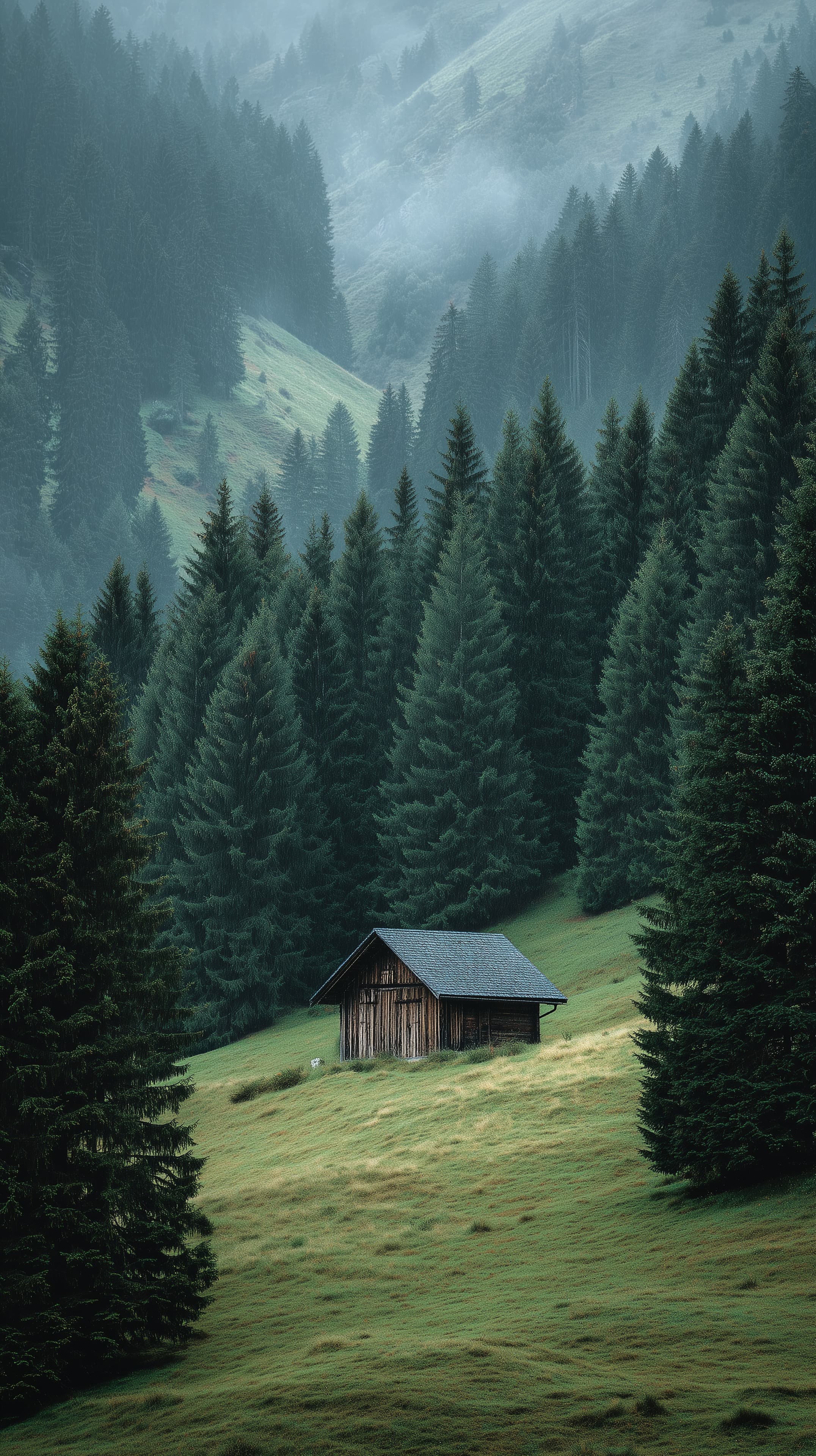 Serene Alpine Forest Cabin Amid Misty Peaks and Evergreen Trees - High Resolution alpine Wallpaper for Mobile and Desktop