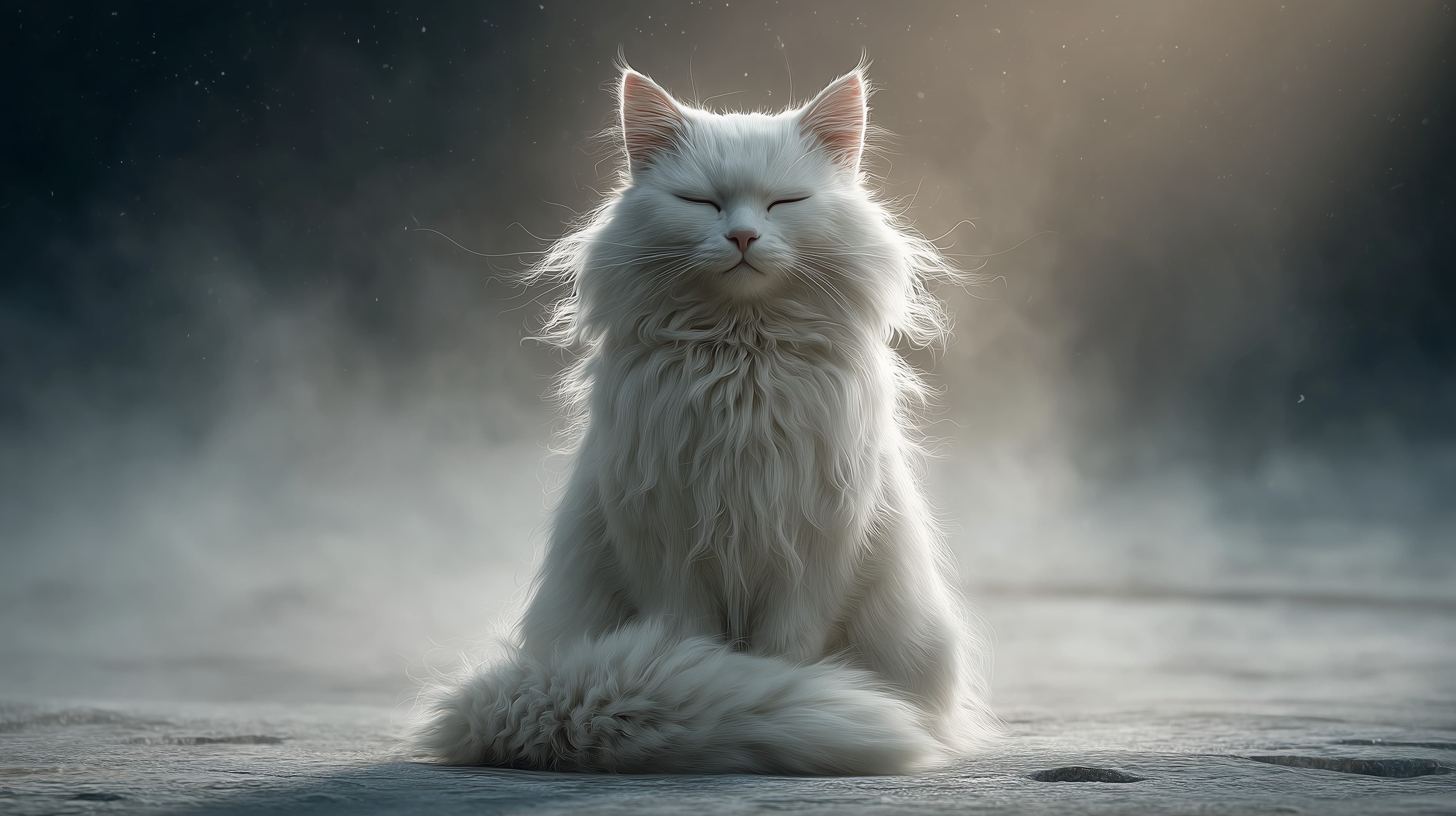 Serene White Cat in Soft Mist - Dreamy Wallpaper - High Resolution animal-portrait Wallpaper for Mobile and Desktop