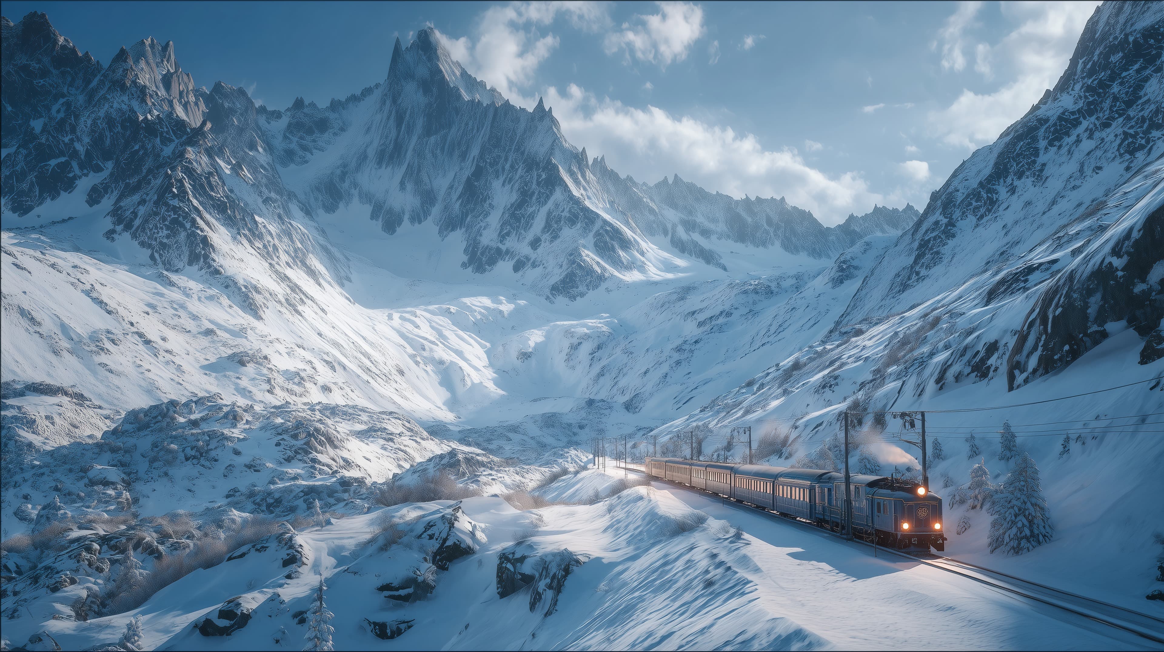 Dreamy Snowy Mountain Train Scene - Alpine Winter Landscape - High Resolution alpine-scenery Wallpaper for Mobile and Desktop
