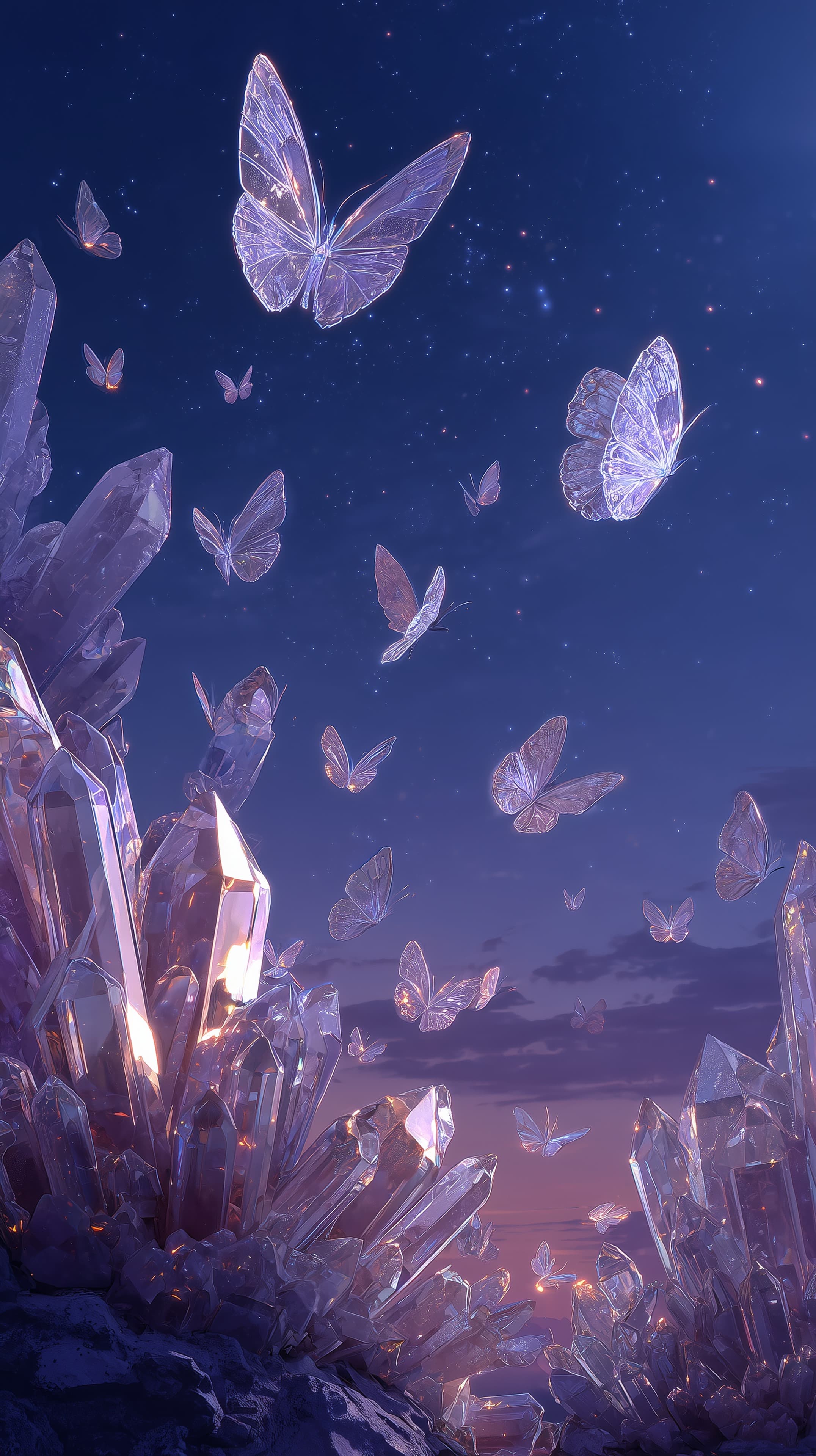 Crystal Night Sky: Translucent Butterflies Among Glass Crystals - High Resolution butterflies Wallpaper for Mobile and Desktop