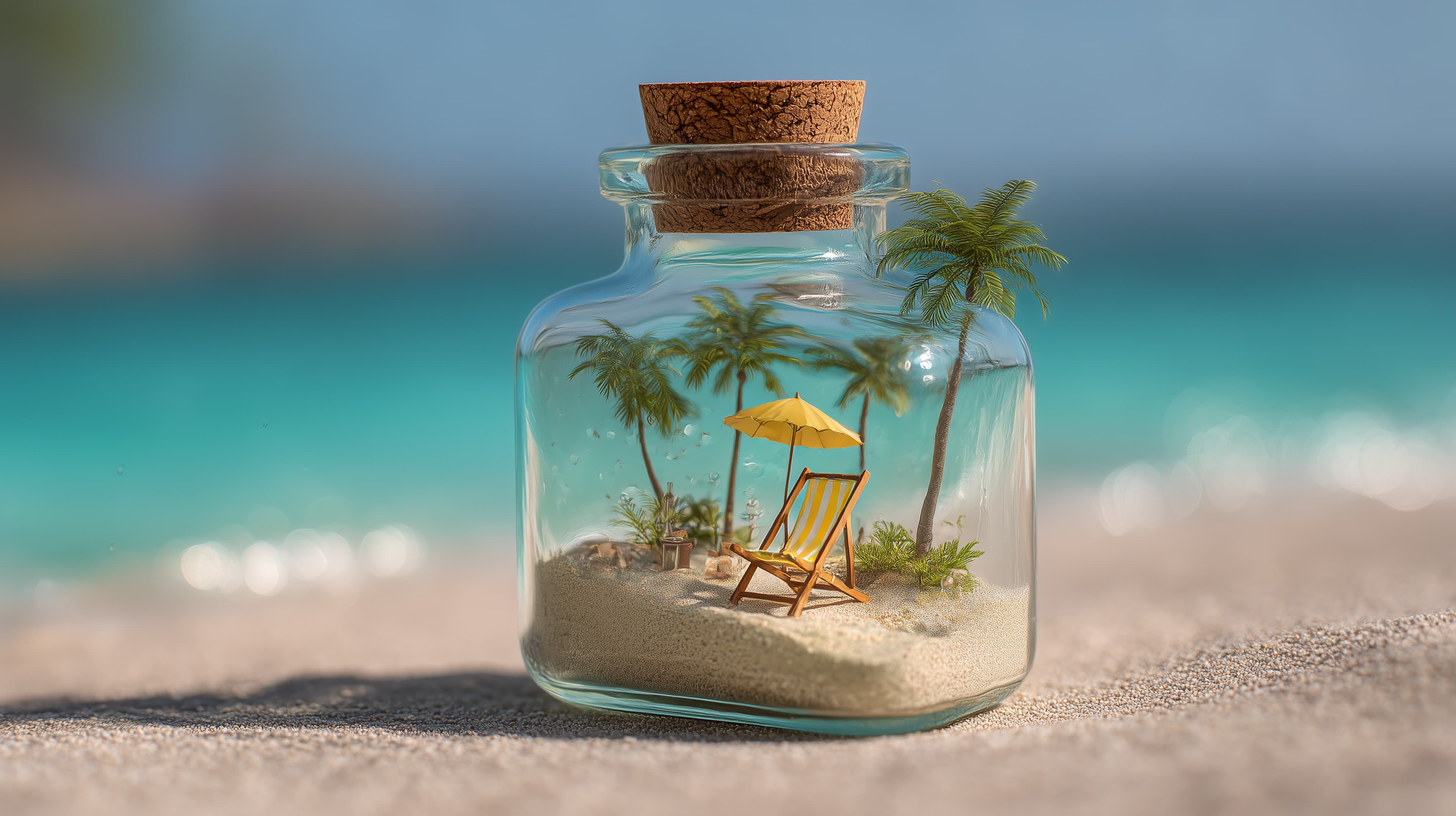 Miniature Glass Bottle Beach Scene with Palm Trees and Chair - High Resolution beach-decor Wallpaper for Mobile and Desktop