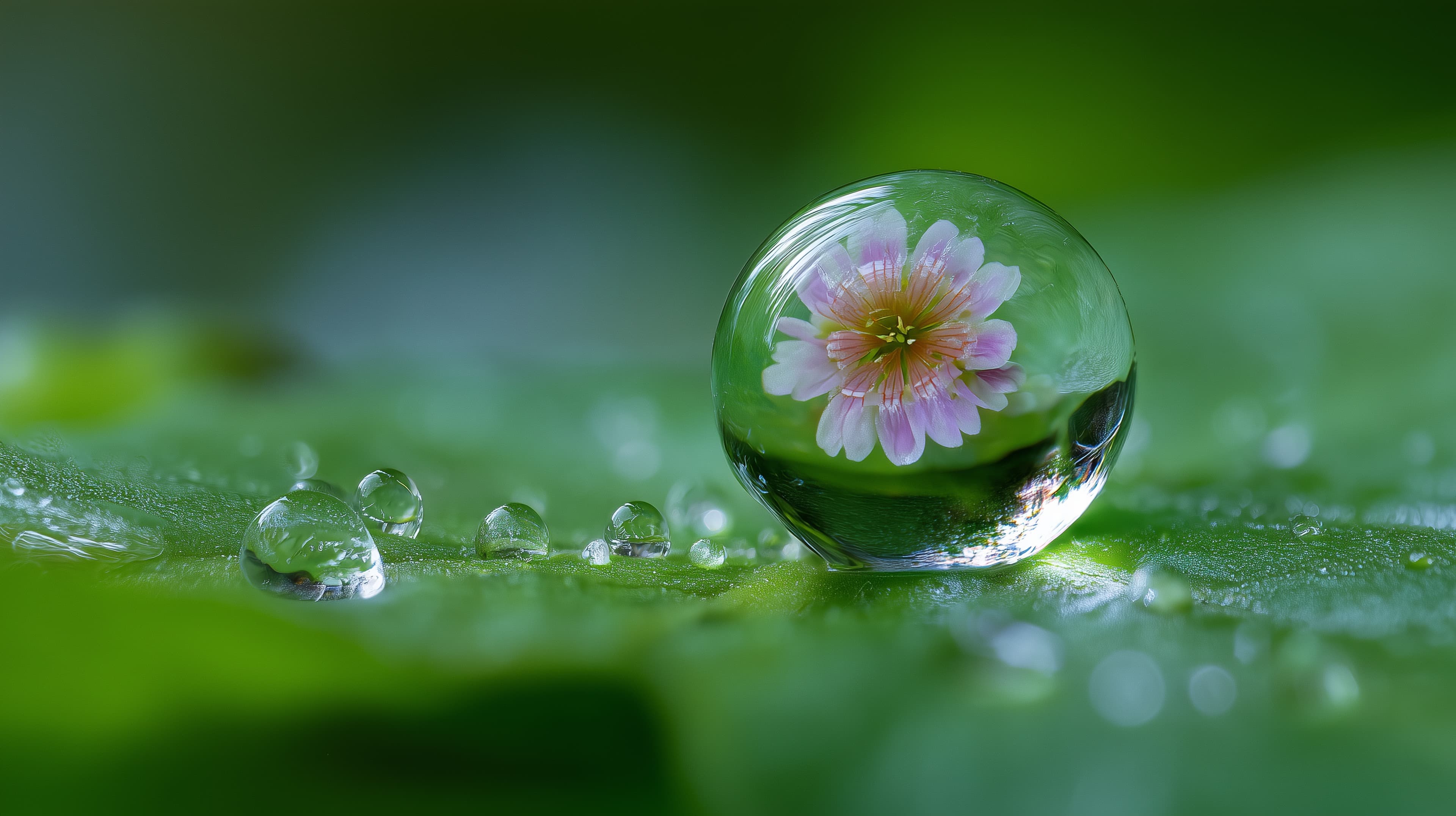 Macro Bubble with Pink Flower on Leaf - Nature Wallpaper - High Resolution bokeh Wallpaper for Mobile and Desktop
