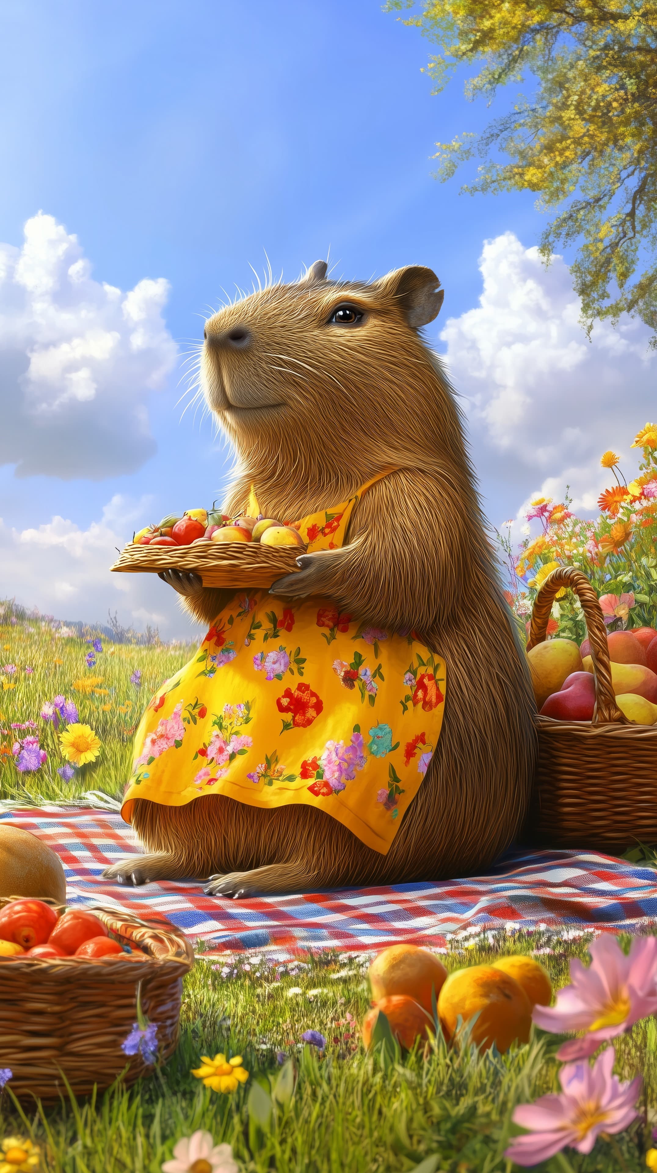 Whimsical Picnic Beaver in Floral Dress in a Bright Meadow - High Resolution basket Wallpaper for Mobile and Desktop