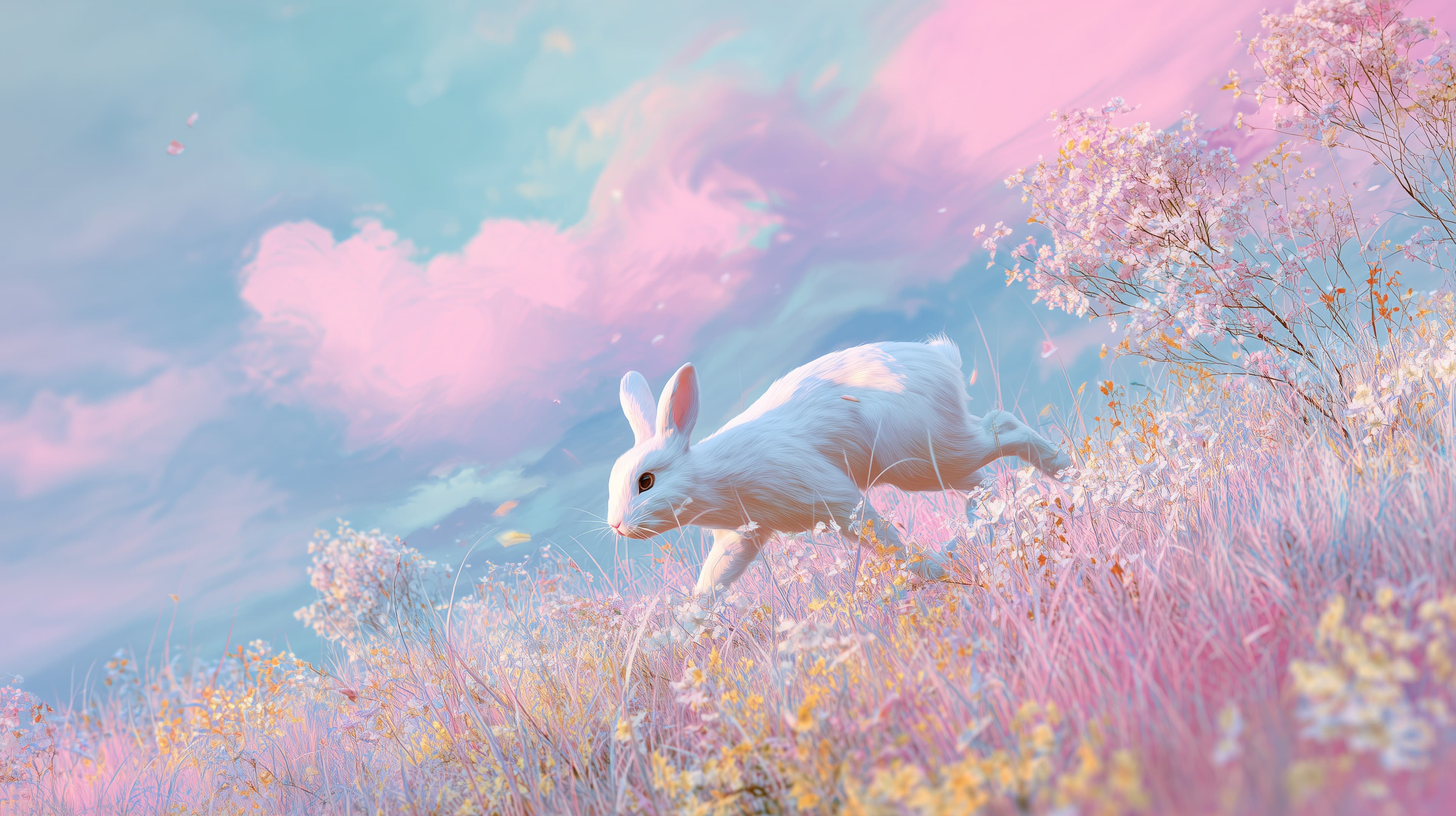 Pastel Dream Meadow Rabbit Wallpaper - Soft Fantasy Scene - High Resolution dreamy-landscape Wallpaper for Mobile and Desktop