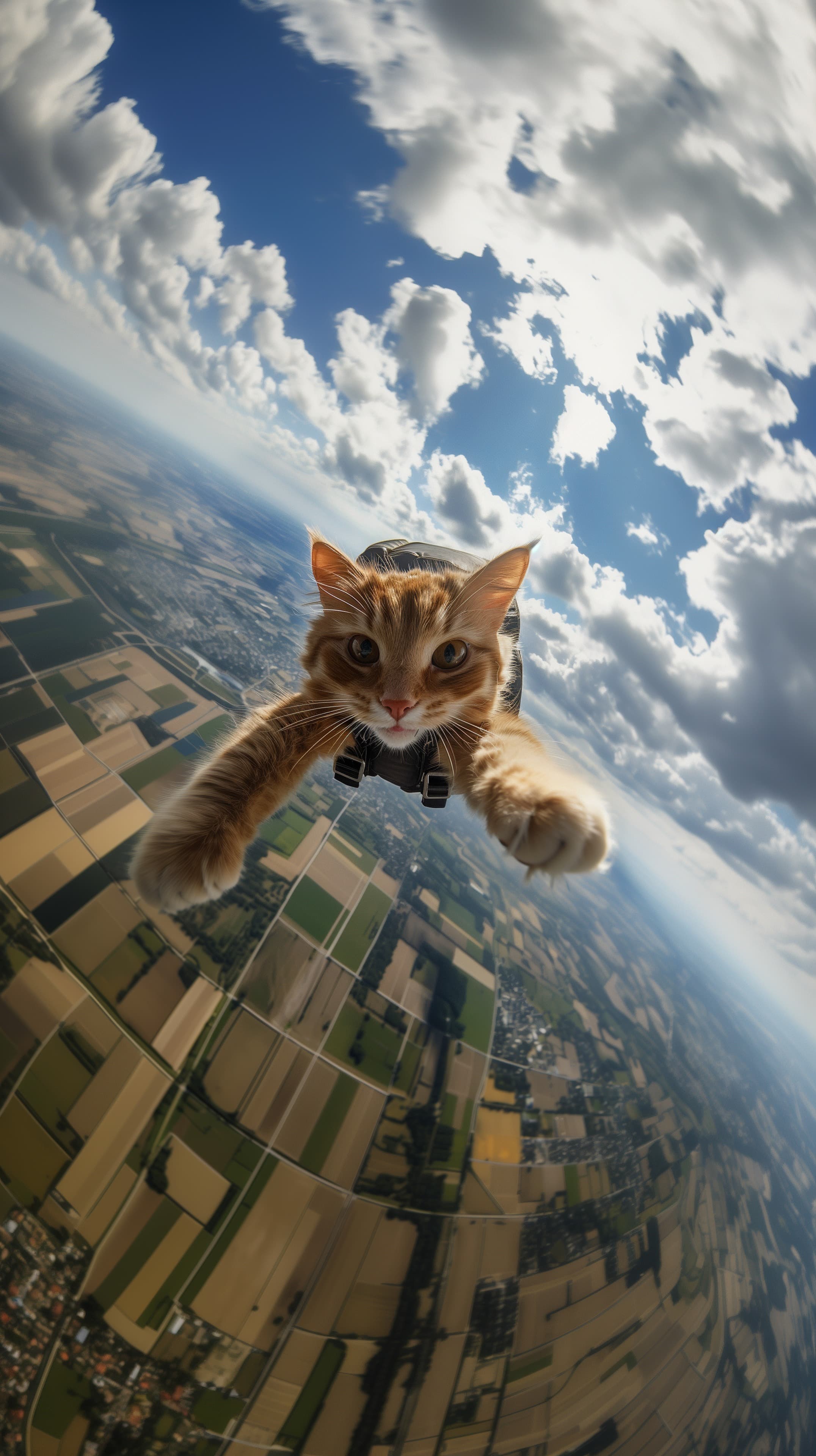 Feline Skydiver over Patchwork Fields - Desktop Wallpaper - High Resolution aerial Wallpaper for Mobile and Desktop