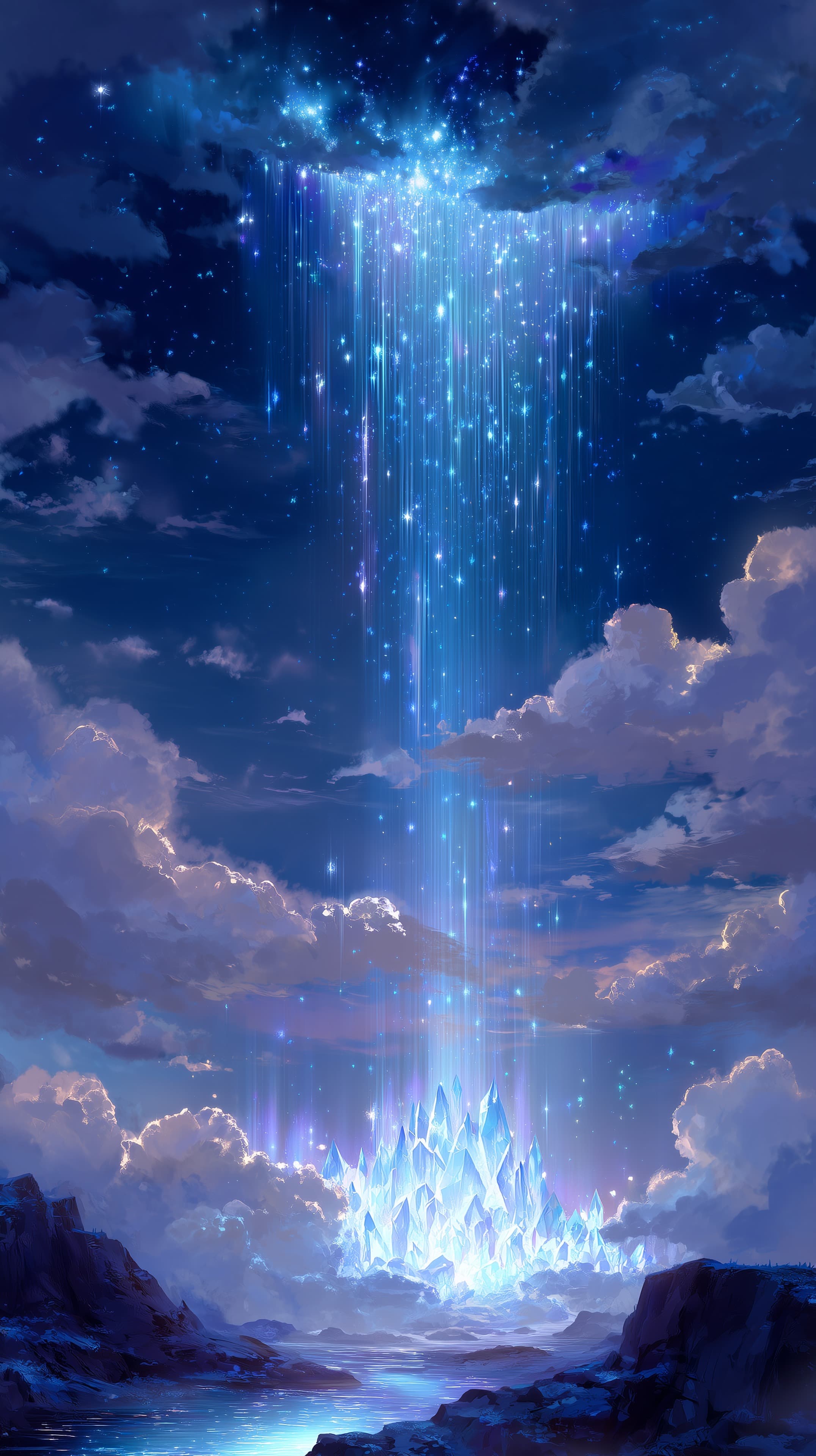 Celestial Lightfall over Crystal Ice Mountain - Fantasy Wallpaper - High Resolution blue-glow Wallpaper for Mobile and Desktop