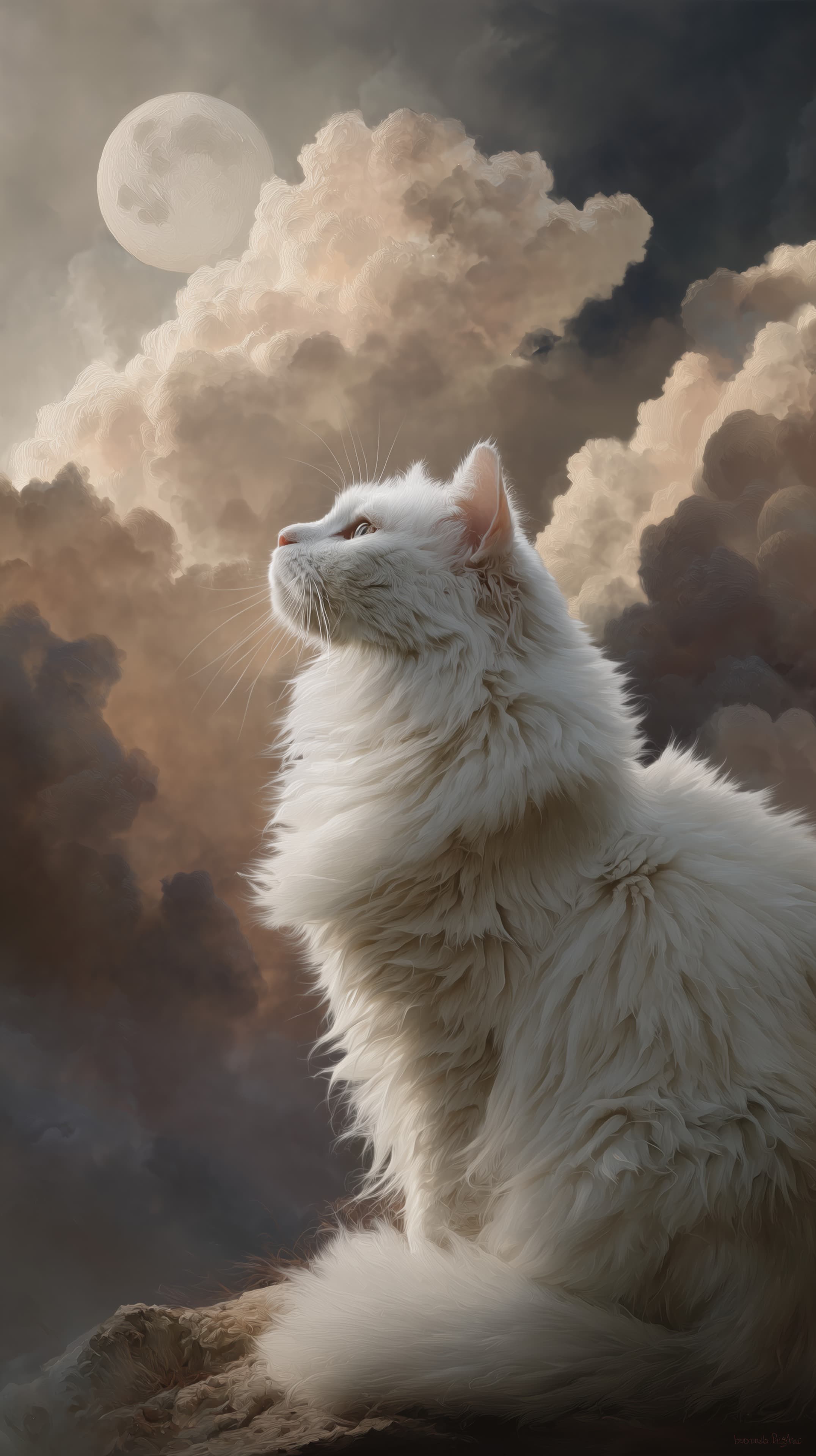 Moonlit Dream: White Cat Beneath Soft Cloudscape Wallpaper - High Resolution art Wallpaper for Mobile and Desktop