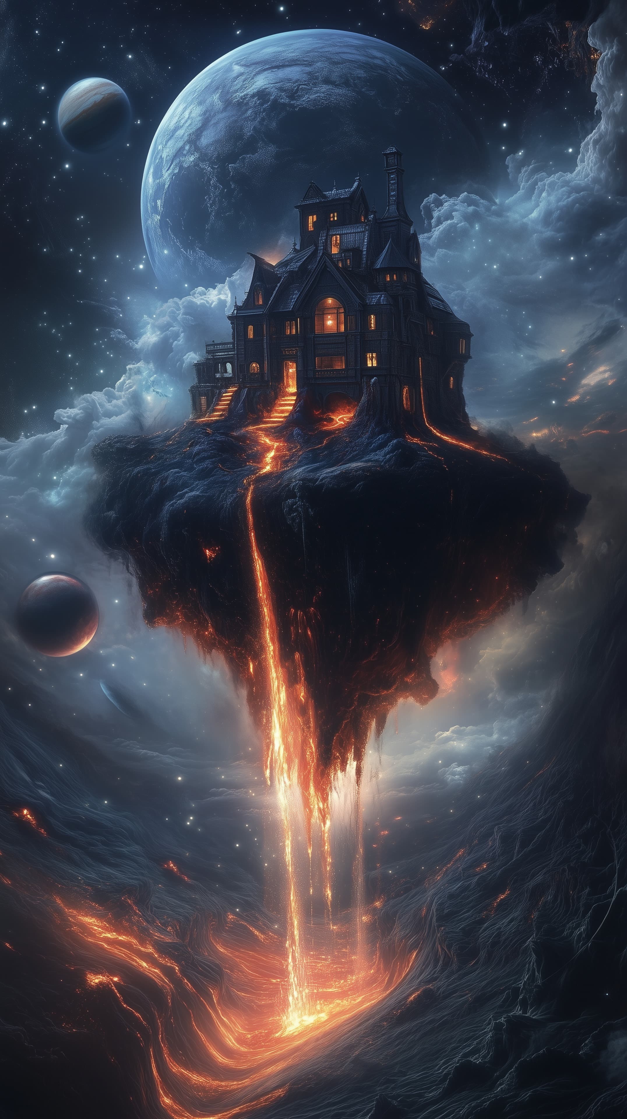 Floating Lava Island Mansion in a Cosmic Nightscape - High Resolution cosmic-night Wallpaper for Mobile and Desktop