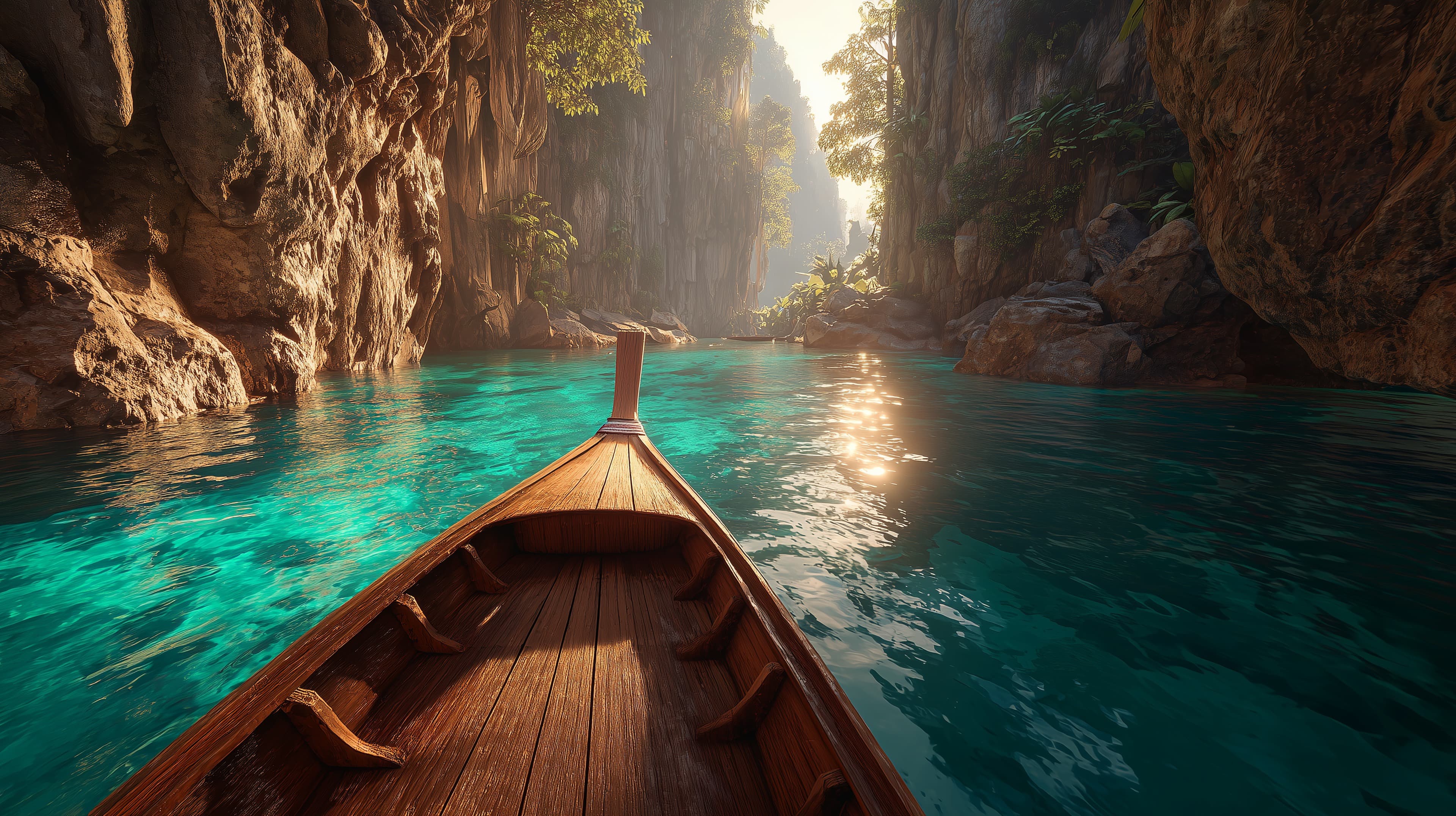 Tranquil Turquoise Canyon Boat Ride at Golden Hour - High Resolution boat Wallpaper for Mobile and Desktop