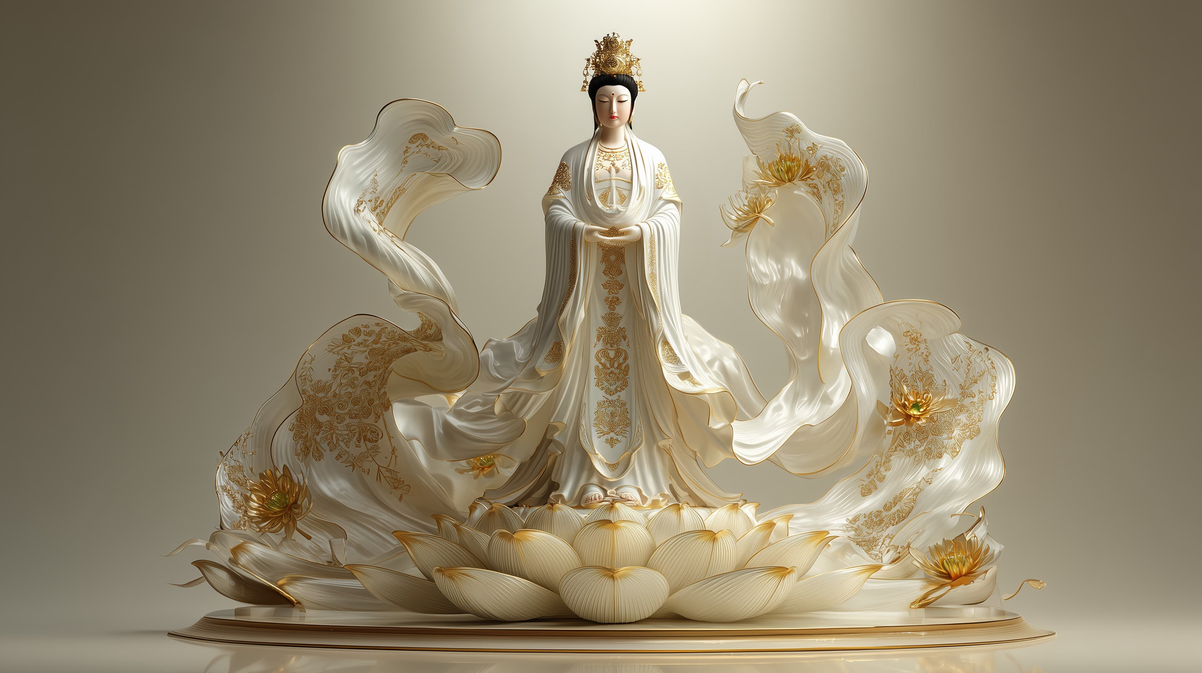 Ivory and Gold Lotus Goddess Statue Wallpaper Artwork - High Resolution asian-art Wallpaper for Mobile and Desktop
