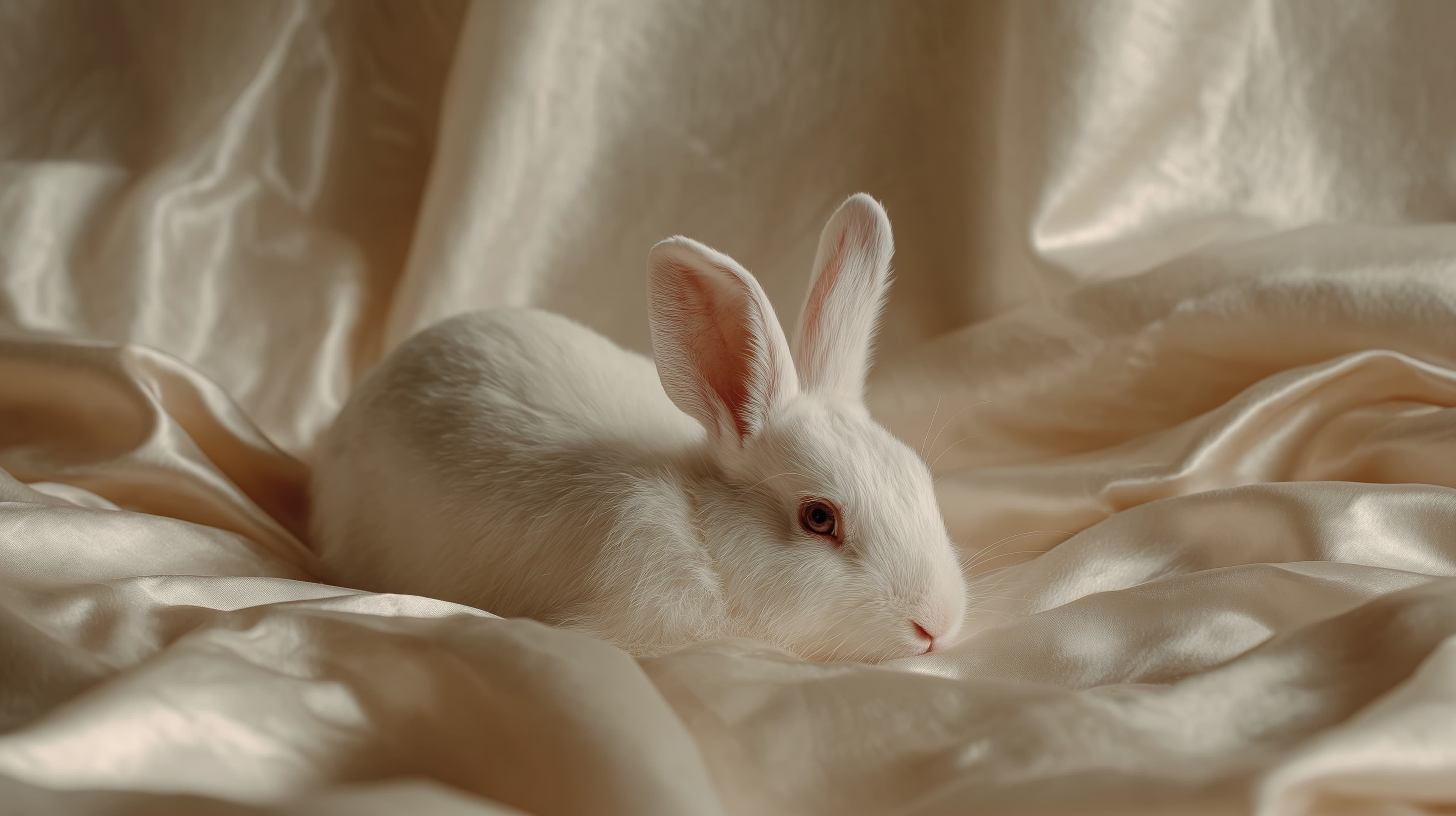 Soft White Bunny on Cream Silk Fabric — Calm, Cozy Wallpaper - High Resolution rabbit Wallpaper for Mobile and Desktop
