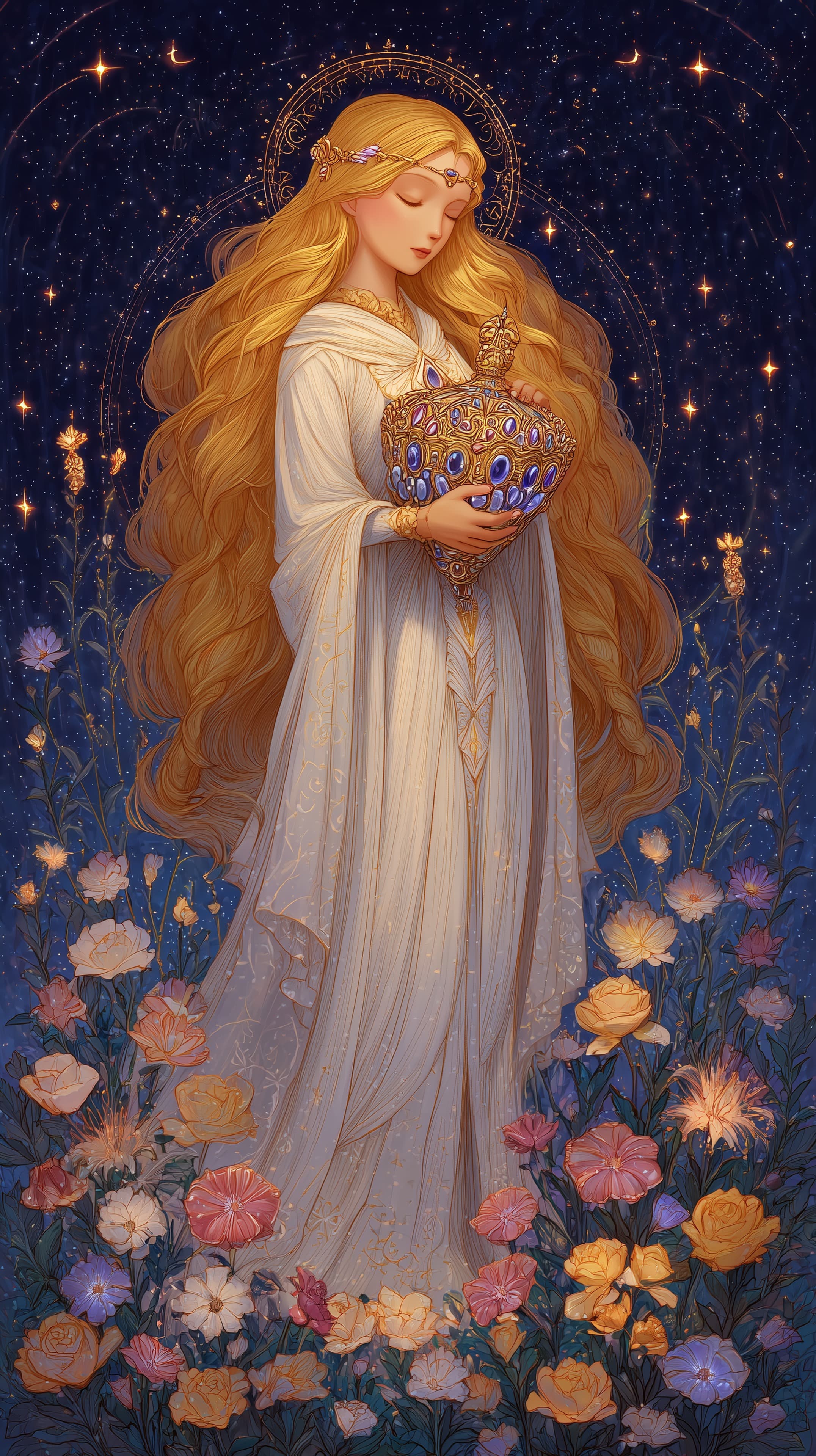 Dreamy Golden-Haired Maiden with Jeweled Crown in Night Garden - High Resolution celestial Wallpaper for Mobile and Desktop