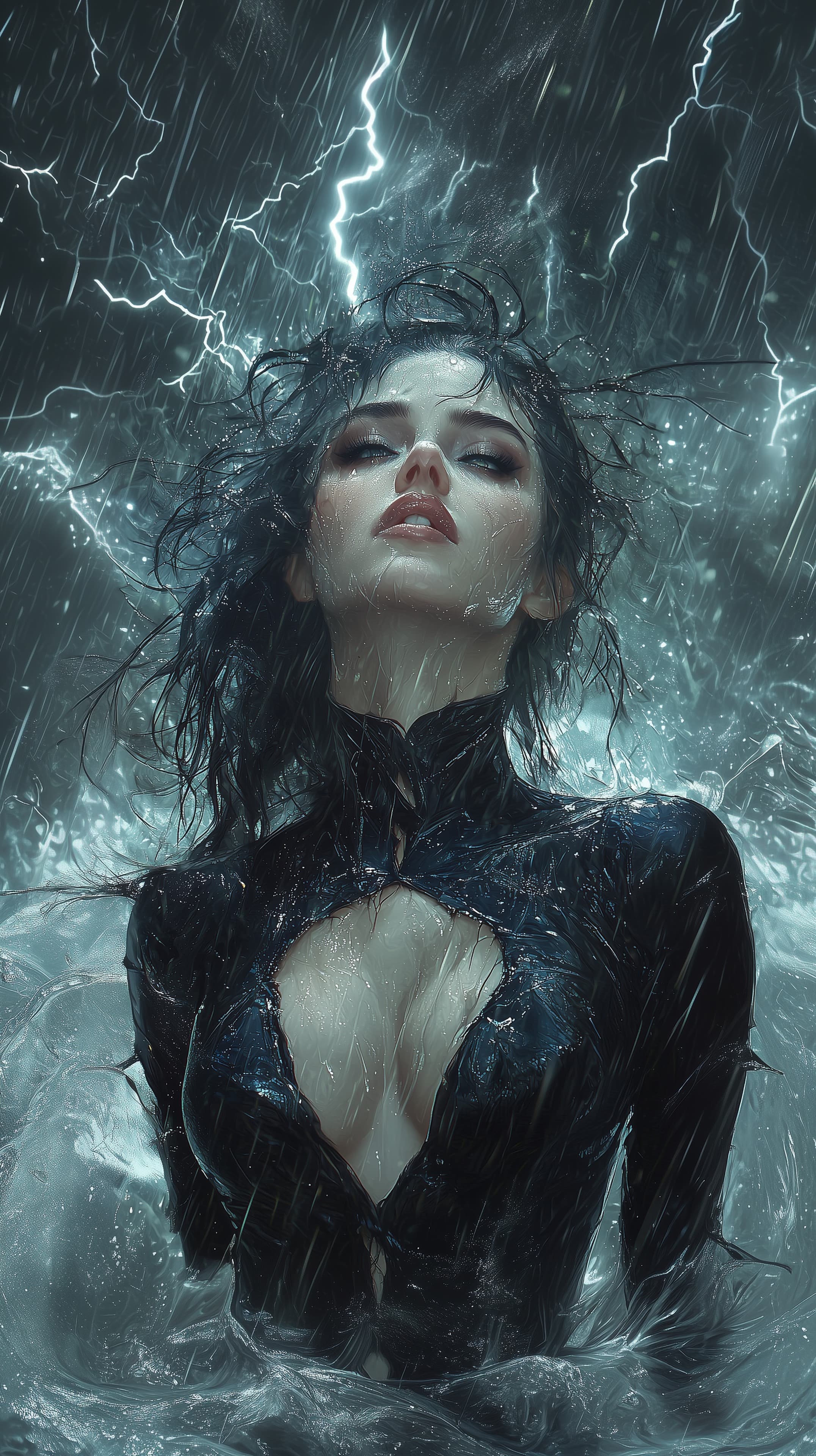 Stormwrought Portrait: Dark Water Queen in Lightning Rain - High Resolution dark-fantasy Wallpaper for Mobile and Desktop
