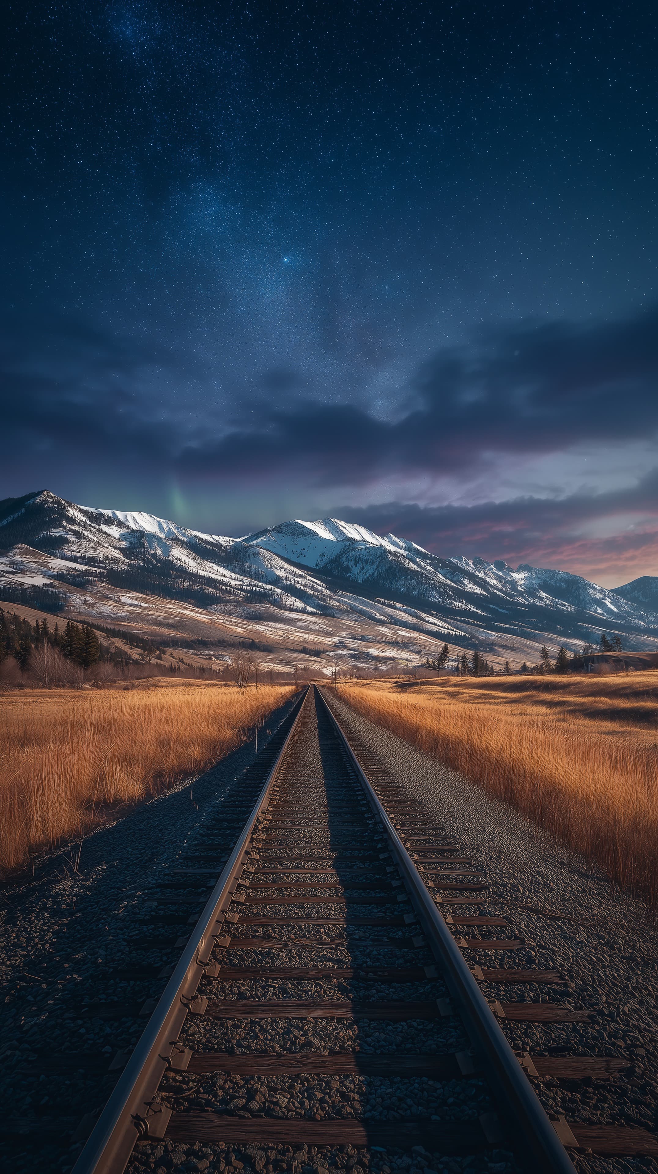 Moonlit Mountain Railway Under Starry Night Sky with Aurora - High Resolution aurora Wallpaper for Mobile and Desktop
