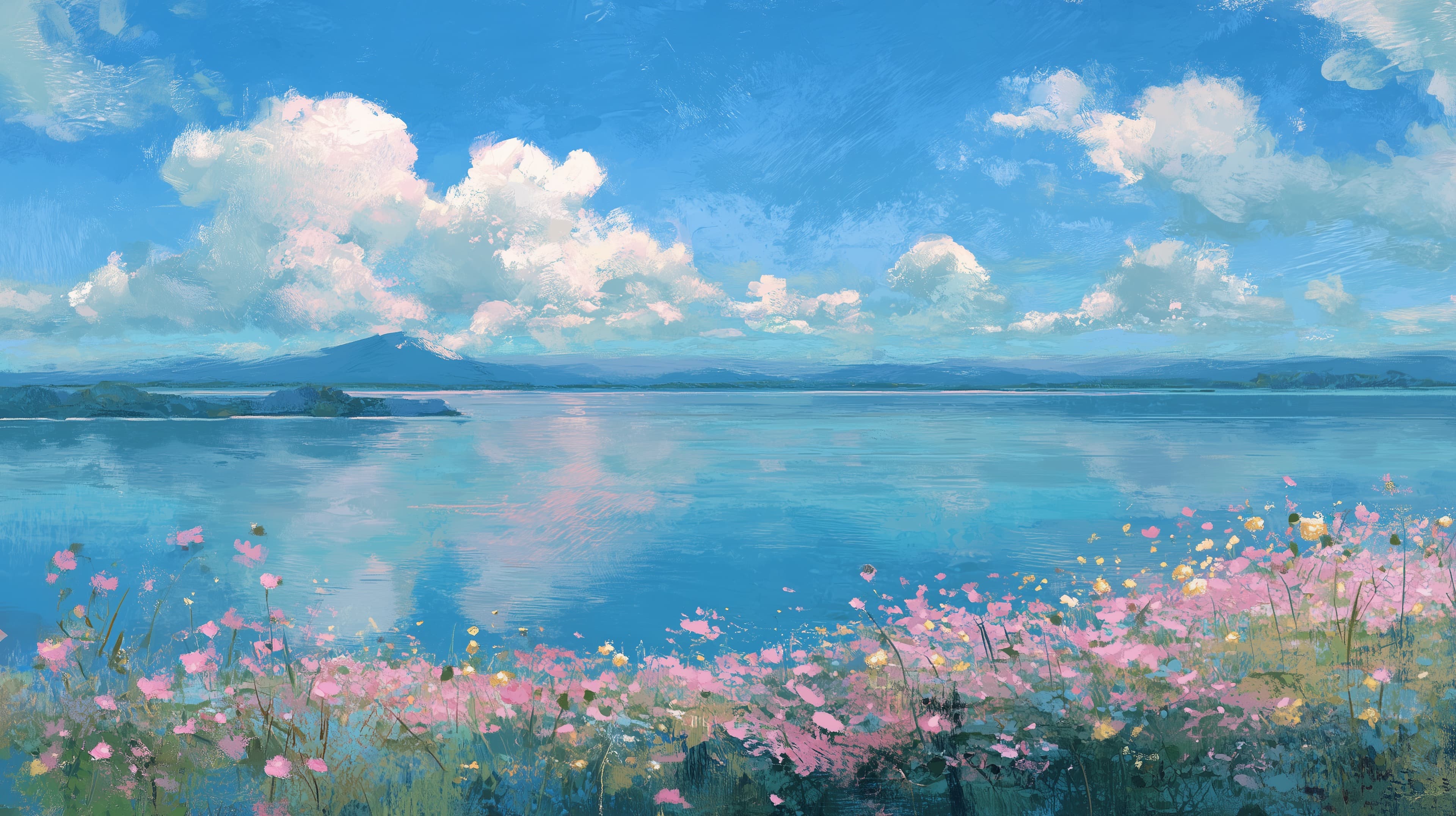 Tranquil Lakeside Landscape with Blue Sky and Pink Wildflowers - High Resolution blue-sky Wallpaper for Mobile and Desktop