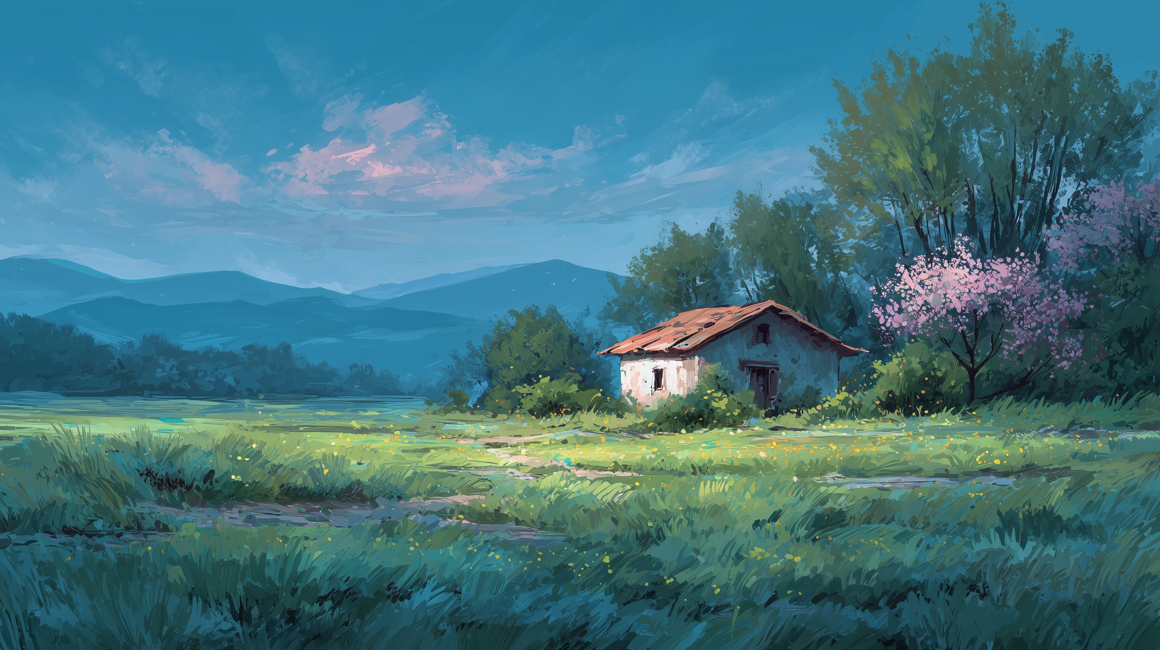 Tranquil countryside cottage in a sunlit meadow landscape - High Resolution blue-sky Wallpaper for Mobile and Desktop