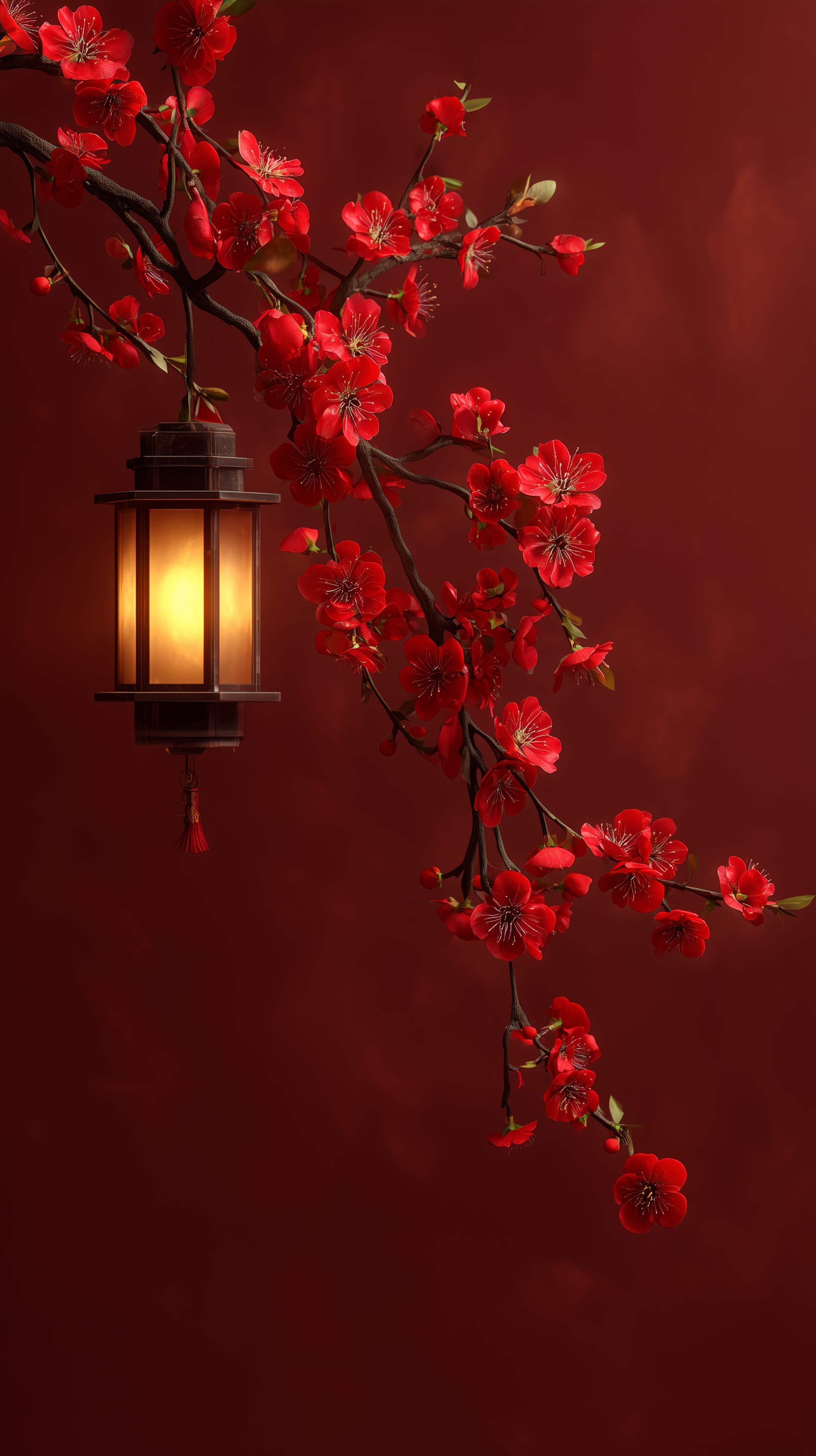Warm Red Blossoms with Lantern - Elegant Floral Wallpaper - High Resolution branch-motif Wallpaper for Mobile and Desktop