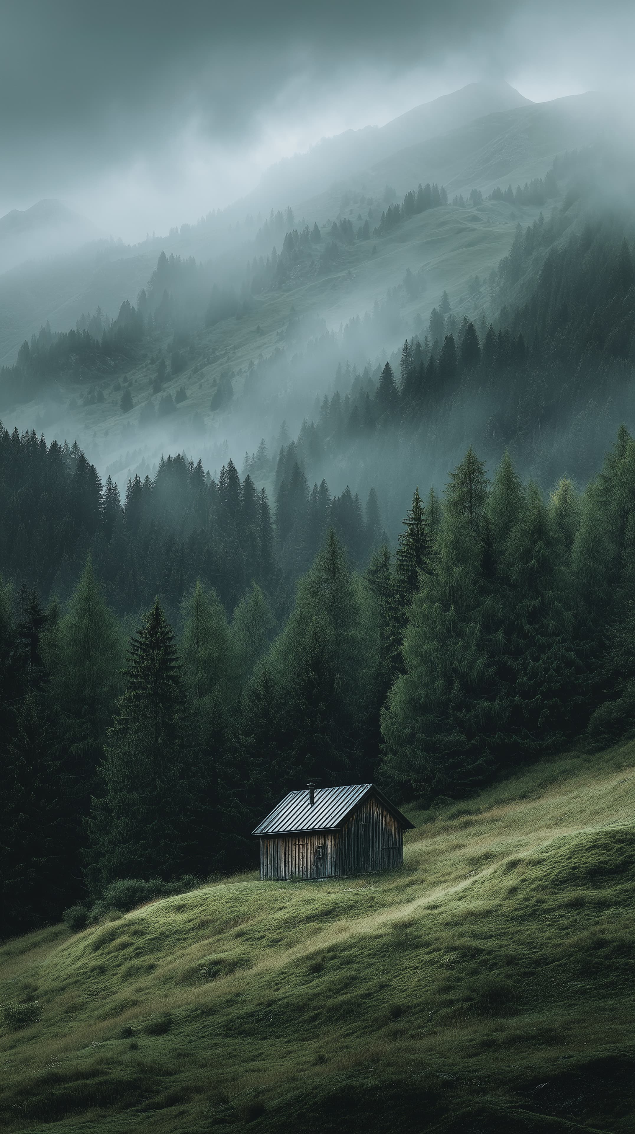 Misty Mountain Cabin Amid Foggy Forest Landscape at Dawn - High Resolution alpine-landscape Wallpaper for Mobile and Desktop