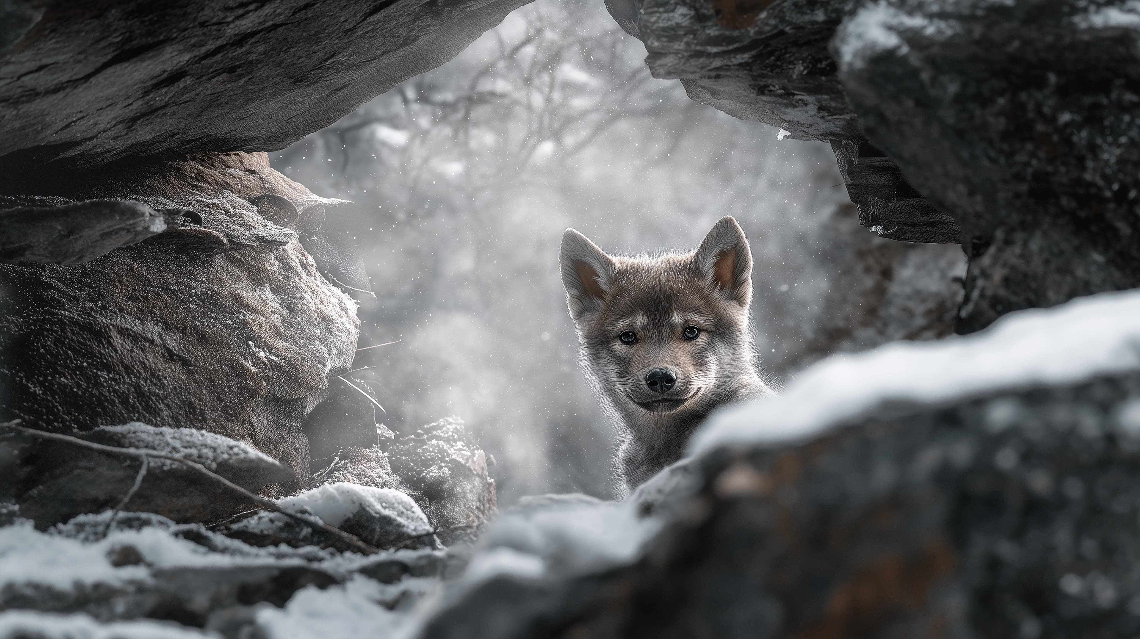 Winter Wolf Pup Peering from Snowy Cave – Mystical Forest Wallpaper - High Resolution winter-scene Wallpaper for Mobile and Desktop