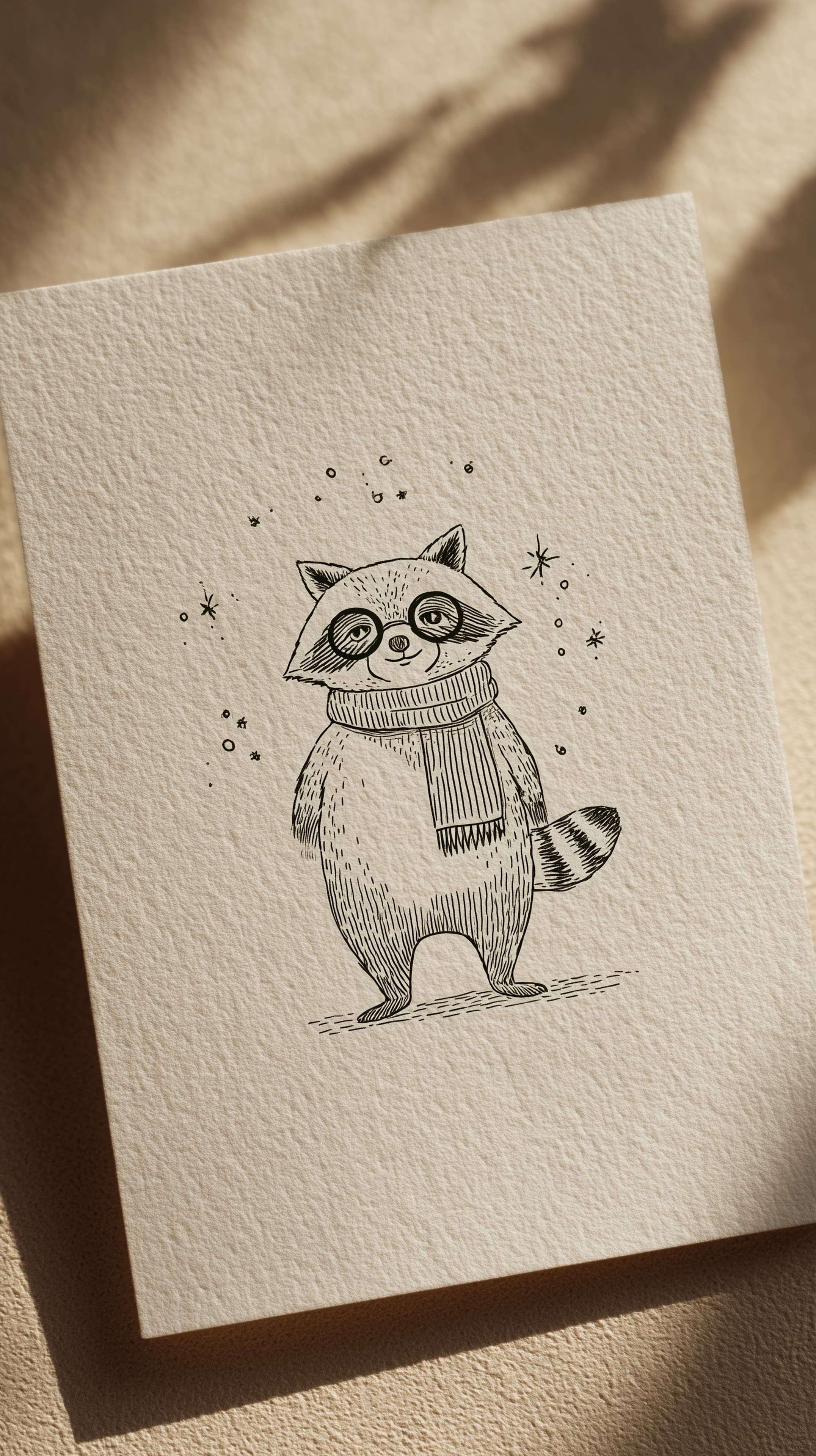 Cute raccoon sketch with scarf – whimsical black ink illustration - High Resolution black-and-white-art Wallpaper for Mobile and Desktop